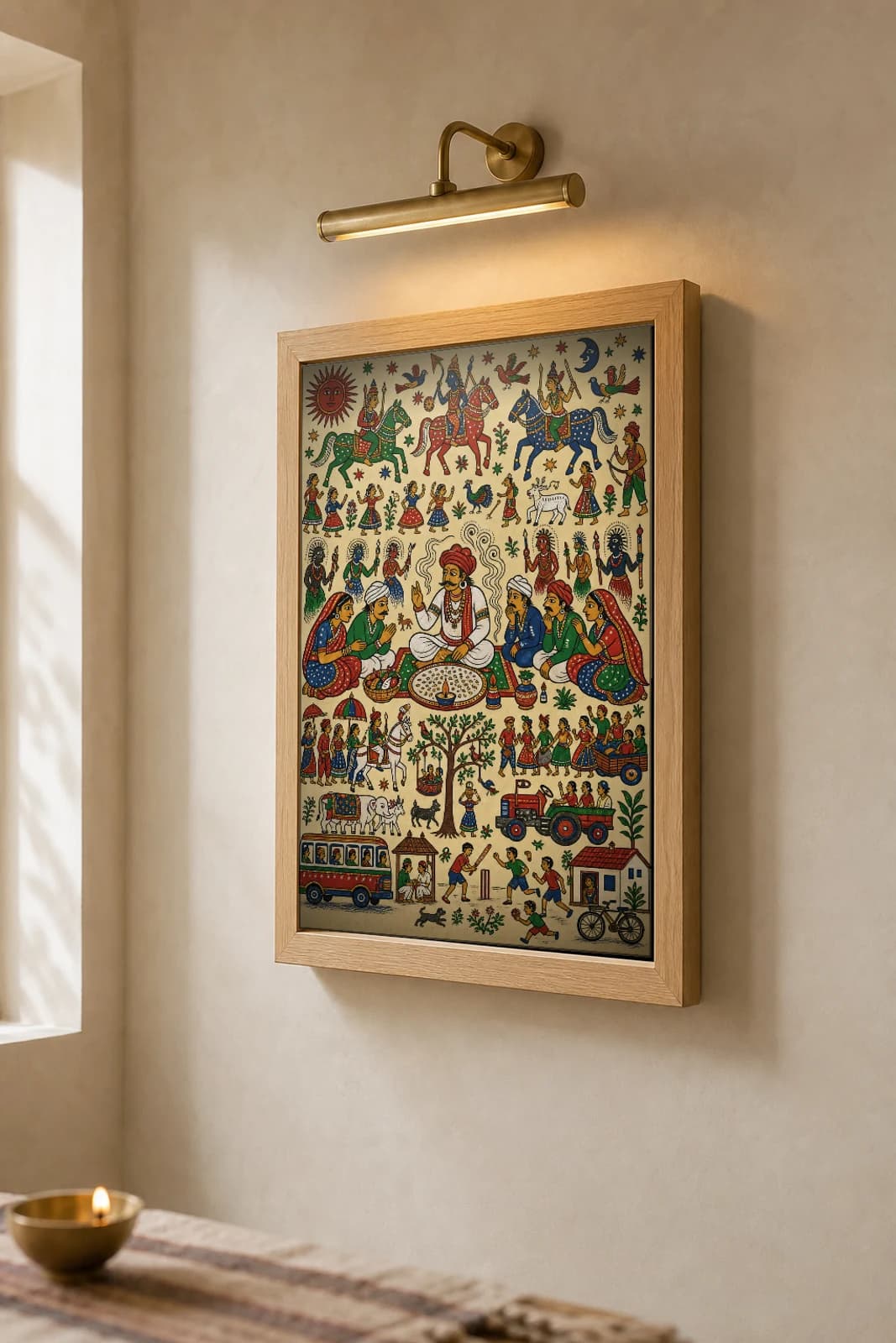 The Badva Divining — the priest-diviner reading the offering · contemporary × Pithora fusion print · Rathwa-Bhil folk art of Chhota Udepur, Gujarat — the framed print shown at a three-quarter angle on a styled gallery wall in a natural-oak frame