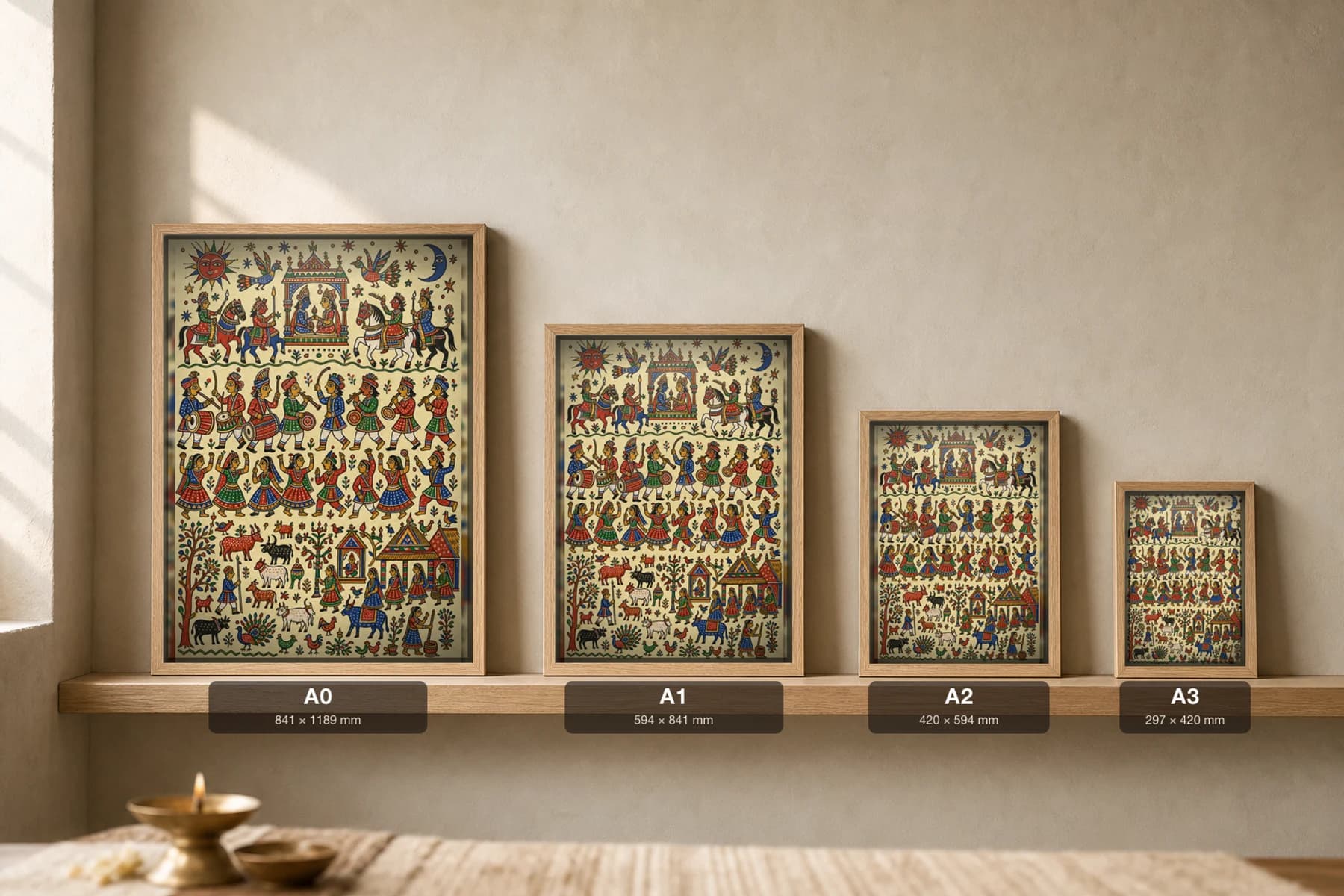 Wedding Band — drummers and dancers at the divine wedding · classical Pithora ritual-mural print · Rathwa-Bhil folk art of Chhota Udepur, Gujarat — print size guide showing the artwork at A0, A1, A2 and A3 in natural-oak frames at true relative scale