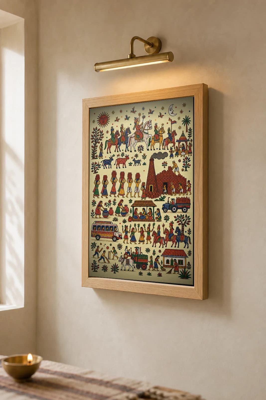 The Kiln — brick-kiln workers carrying their loads · contemporary × Pithora fusion print · Rathwa-Bhil folk art of Chhota Udepur, Gujarat — the framed print shown at a three-quarter angle on a styled gallery wall in a natural-oak frame