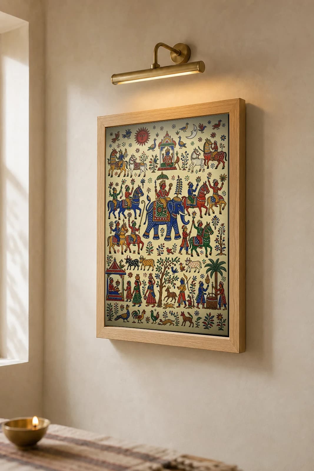 Ganadev Ride — the deity on the ornamented elephant among the horse-riders · classical Pithora ritual-mural print · Rathwa-Bhil folk art of Chhota Udepur, Gujarat — the framed print shown at a three-quarter angle on a styled gallery wall in a natural-oak frame