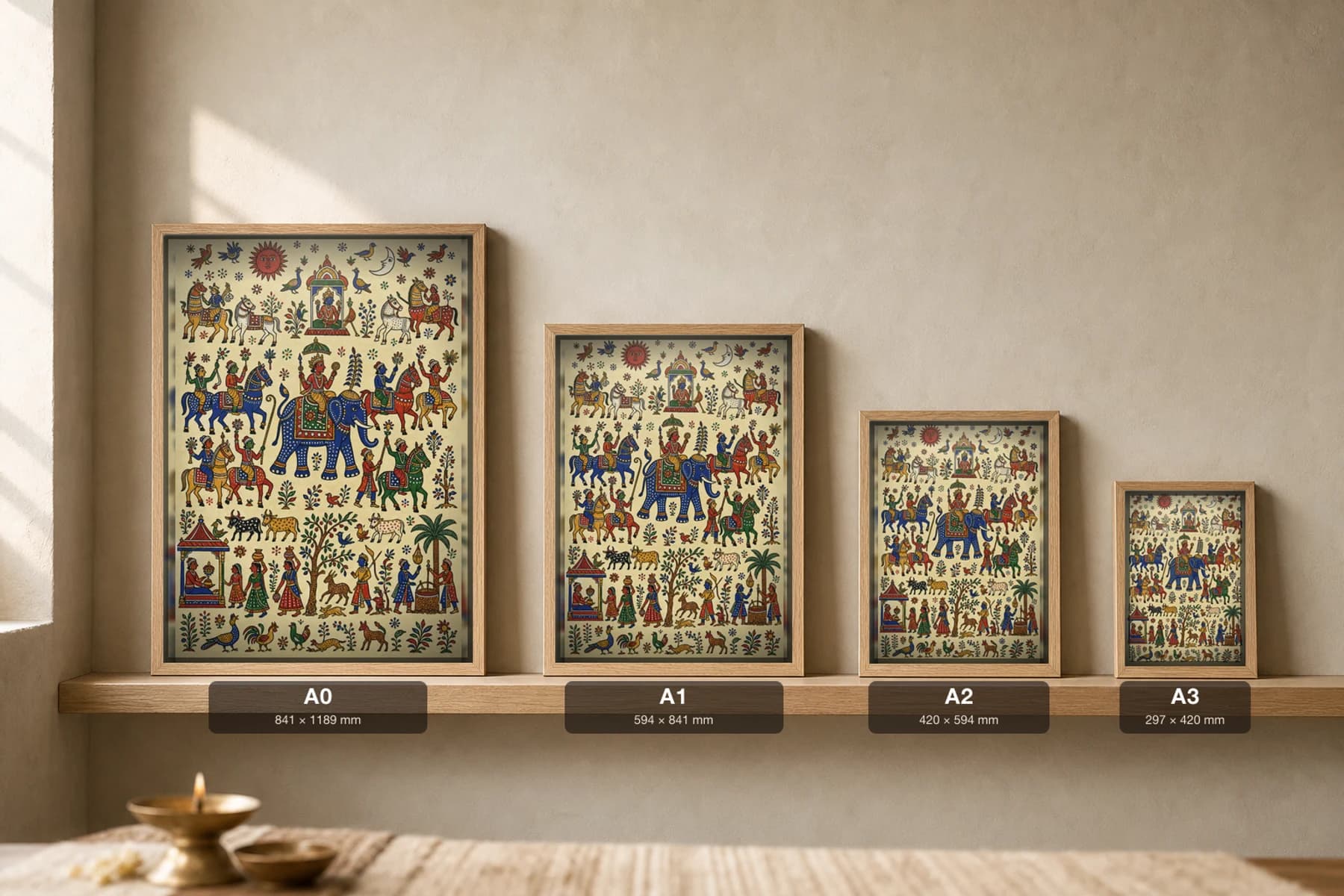 Ganadev Ride — the deity on the ornamented elephant among the horse-riders · classical Pithora ritual-mural print · Rathwa-Bhil folk art of Chhota Udepur, Gujarat — print size guide showing the artwork at A0, A1, A2 and A3 in natural-oak frames at true relative scale