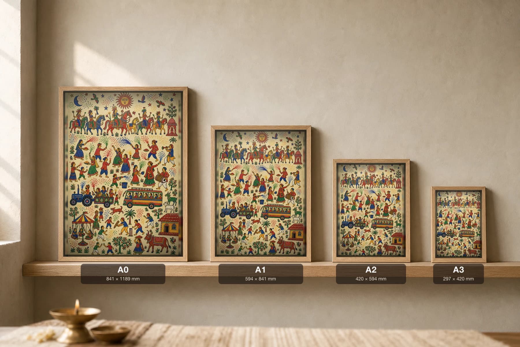 Holi — the colour-throw and the village in play · contemporary × Pithora fusion print · Rathwa-Bhil folk art of Chhota Udepur, Gujarat — print size guide showing the artwork at A0, A1, A2 and A3 in natural-oak frames at true relative scale