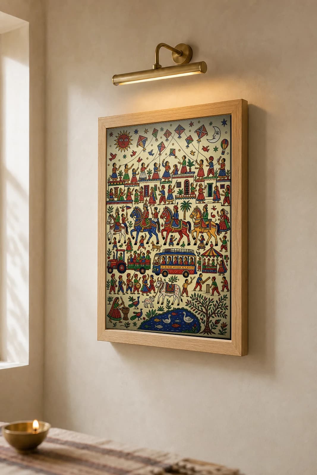 Kite Day — Uttarayan kites over the rooftops · contemporary × Pithora fusion print · Rathwa-Bhil folk art of Chhota Udepur, Gujarat — the framed print shown at a three-quarter angle on a styled gallery wall in a natural-oak frame