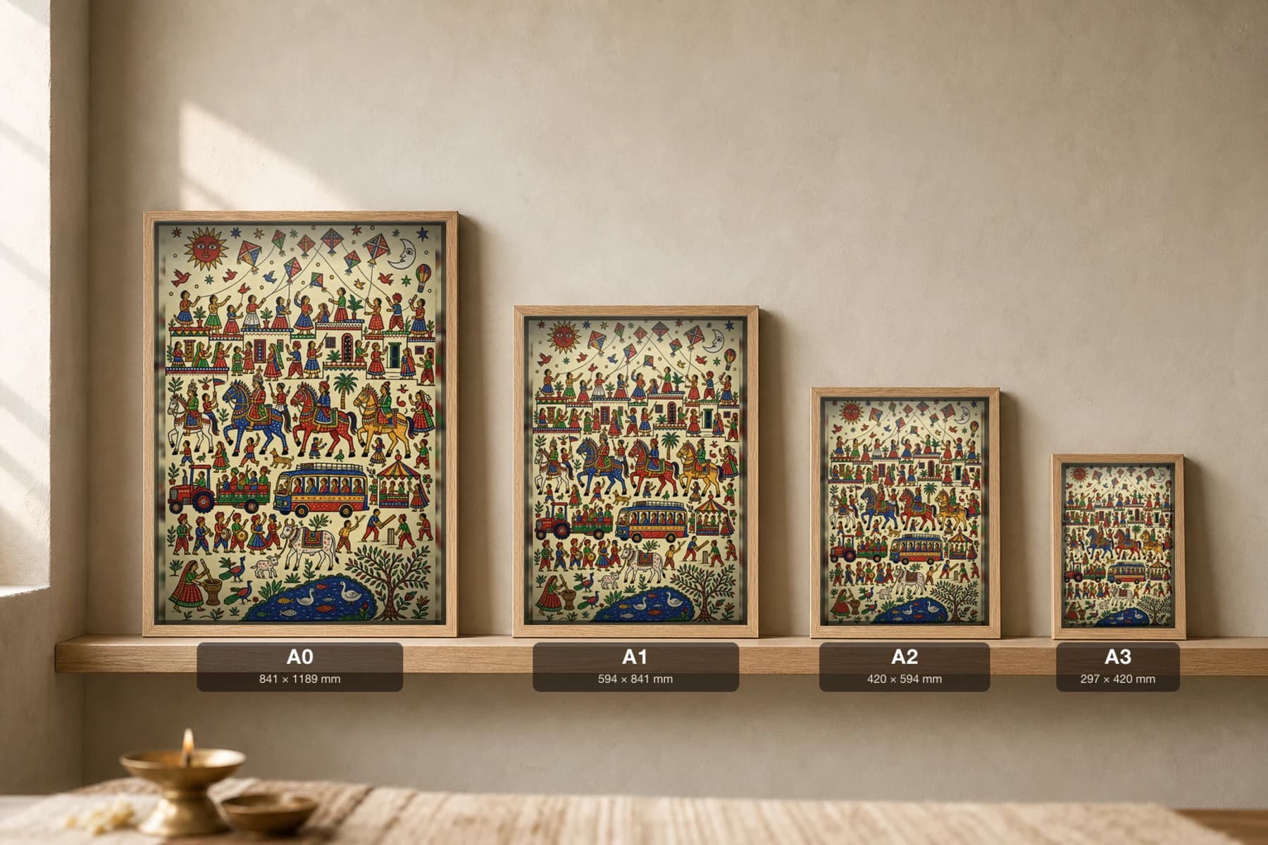 Kite Day — Uttarayan kites over the rooftops · contemporary × Pithora fusion print · Rathwa-Bhil folk art of Chhota Udepur, Gujarat — print size guide showing the artwork at A0, A1, A2 and A3 in natural-oak frames at true relative scale