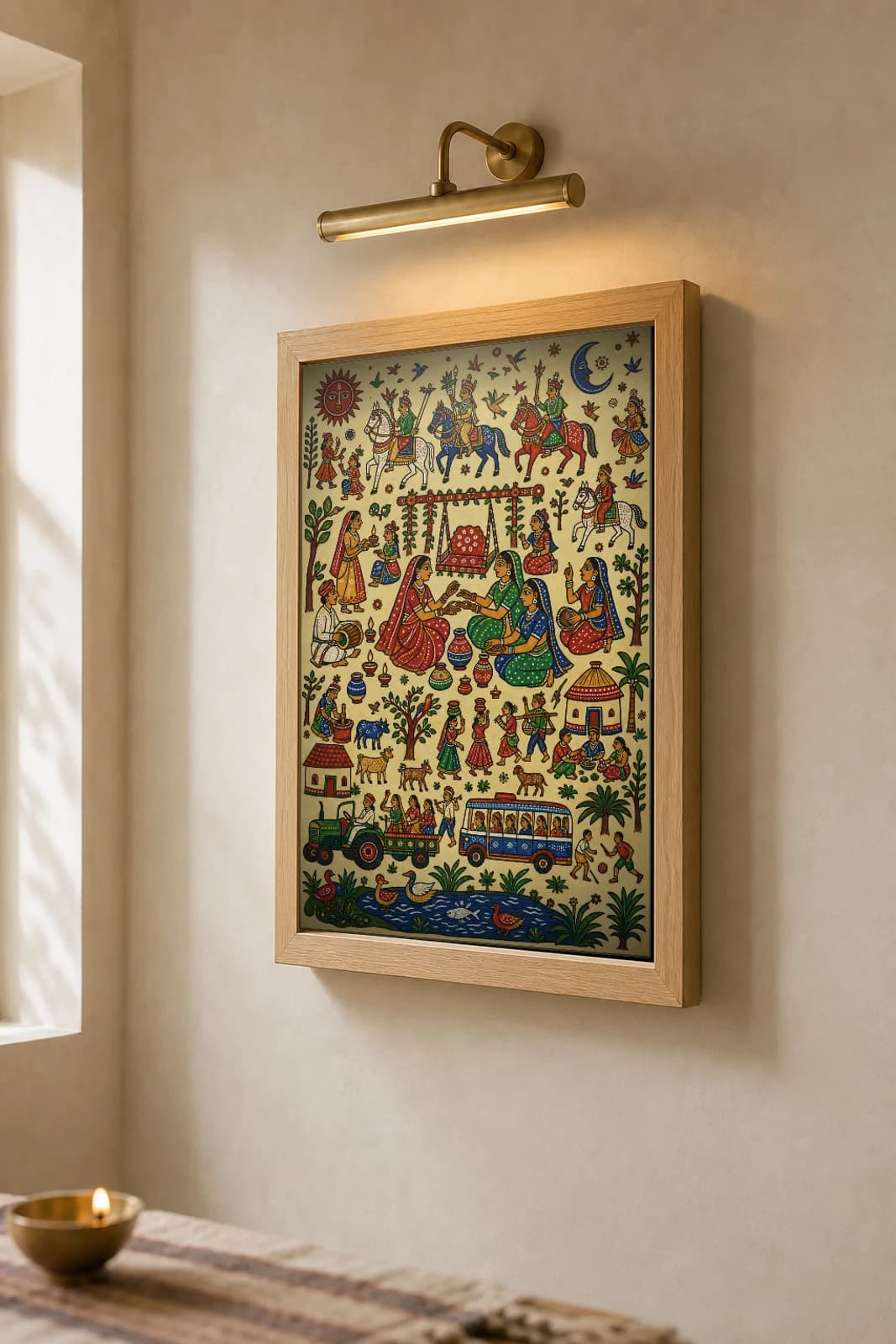 Mehndi Night Pithora Print — a courtyard henna gathering under a swing while a tractor, bus and duck-pond fill the village below · contemporary × Pithora fusion · collector A2 — the framed print shown at a three-quarter angle on a styled gallery wall in a natural-oak frame