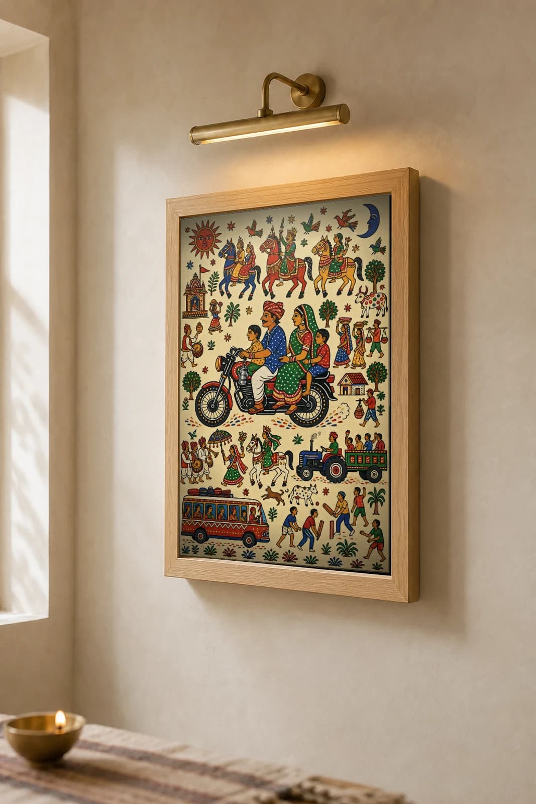 Family Ride Pithora Print — a whole family on one motorcycle riding through the village among horses, bus and tractor · contemporary × Pithora fusion · collector A2 — the framed print shown at a three-quarter angle on a styled gallery wall in a natural-oak frame