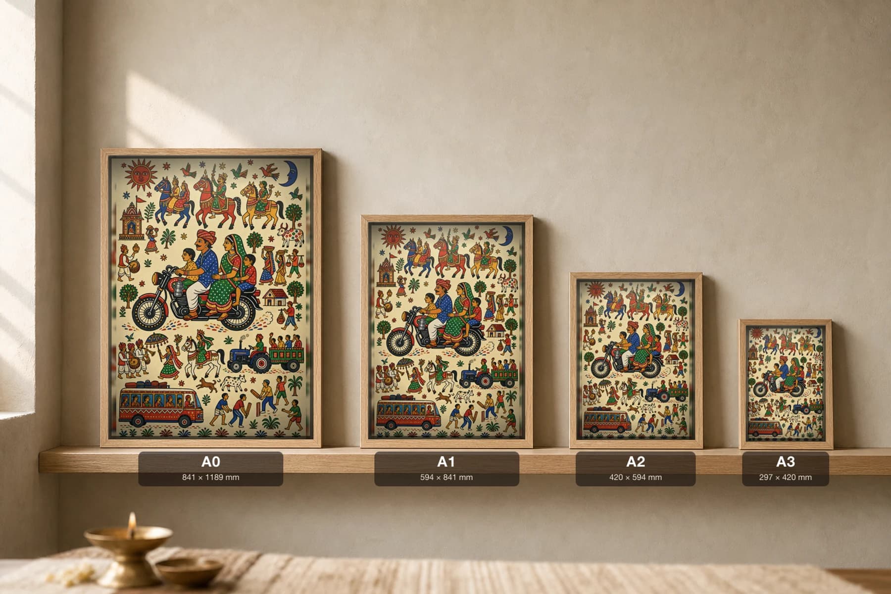 Family Ride Pithora Print — a whole family on one motorcycle riding through the village among horses, bus and tractor · contemporary × Pithora fusion · collector A2 — print size guide showing the artwork at A0, A1, A2 and A3 in natural-oak frames at true relative scale
