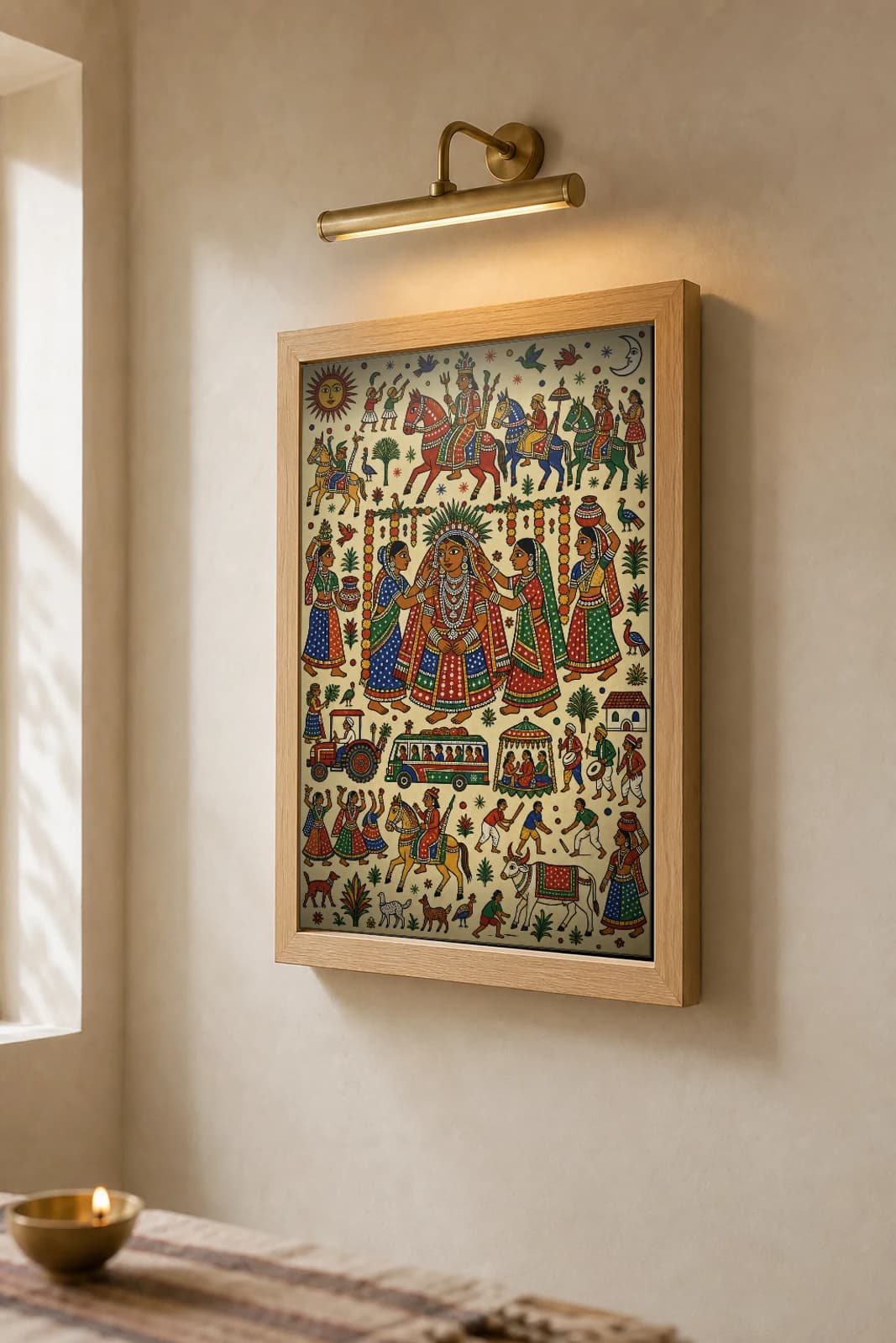 The Bride Pithora Print — a Rathwa bride in full silver ornaments adorned by attendants while a tractor and bus pass below · contemporary × Pithora fusion · collector A2 — the framed print shown at a three-quarter angle on a styled gallery wall in a natural-oak frame