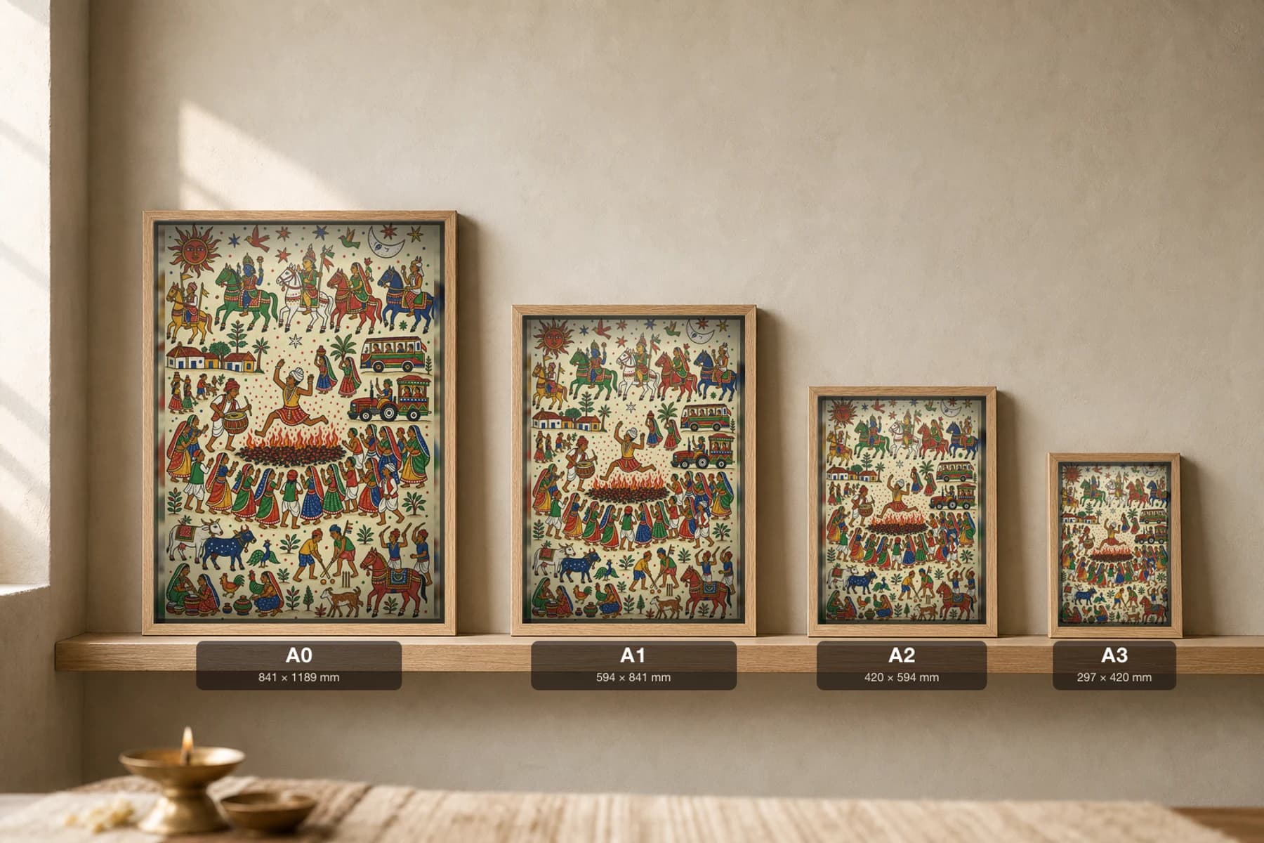 The Chul Pithora Print — a devotee leaping the fire-pit ritual ringed by drummers and crowd · contemporary × Pithora fusion · collector A2 — print size guide showing the artwork at A0, A1, A2 and A3 in natural-oak frames at true relative scale