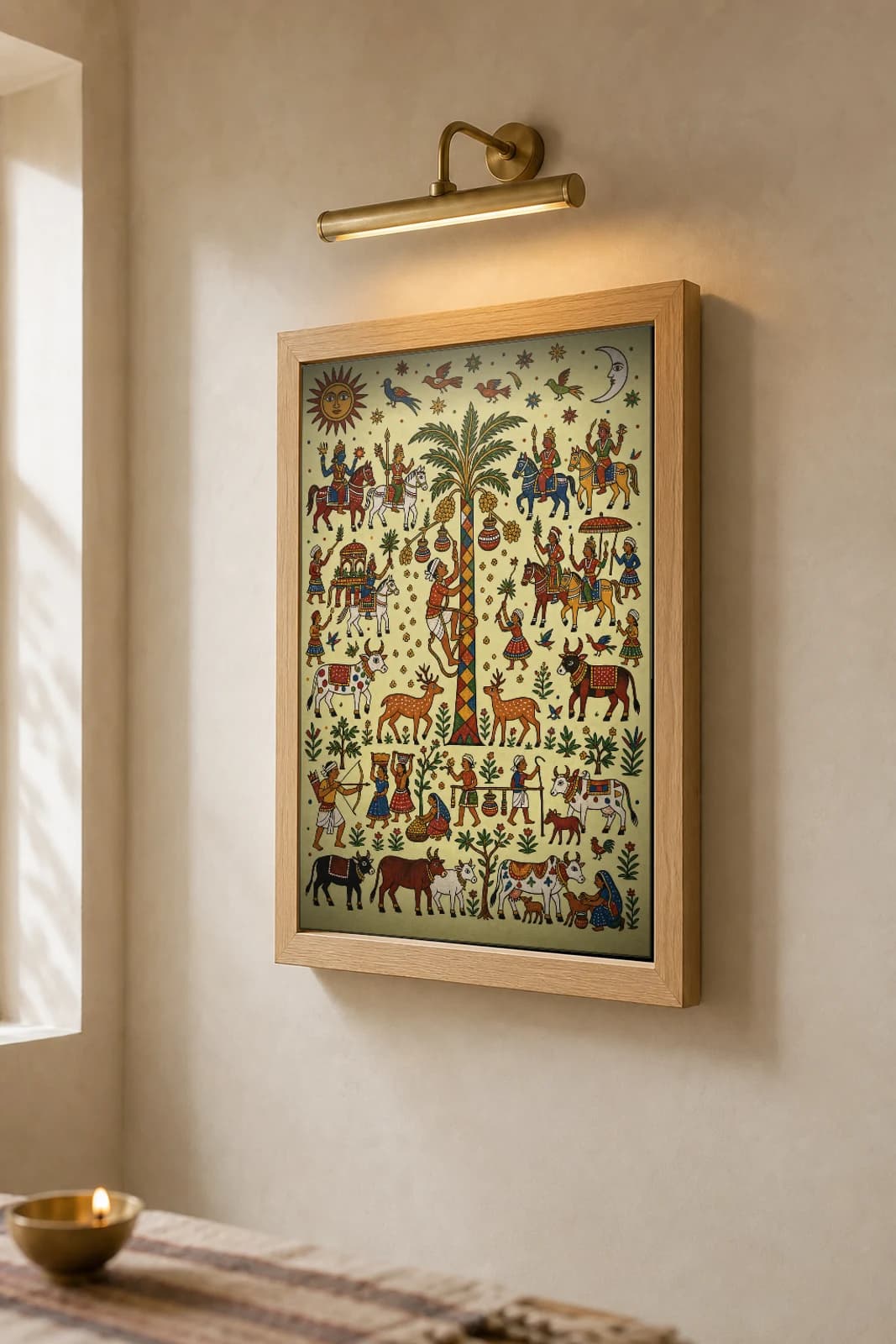 Toddy Tapper Pithora Print — a climber drawing palm sap from a central tree among cattle and deer · Rathwa-Bhil mural of Chhota Udepur, Gujarat · collector A2 — the framed print shown at a three-quarter angle on a styled gallery wall in a natural-oak frame