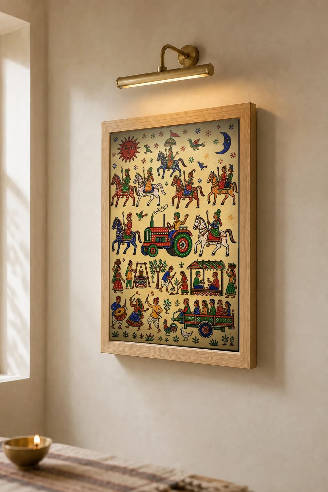 The Tractor Pithora Print — a red tractor riding among the deity horse procession · contemporary × Pithora fusion · collector A2 — the framed print shown at a three-quarter angle on a styled gallery wall in a natural-oak frame