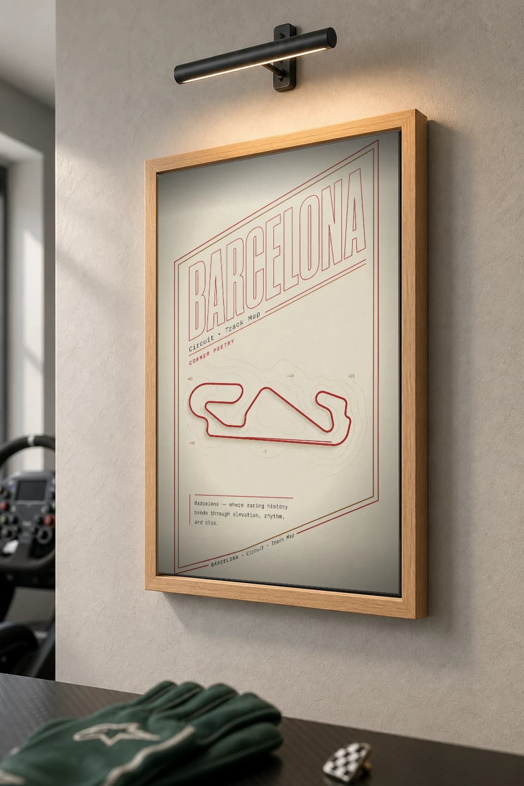 Circuit de Barcelona-Catalunya Poster — Spain circuit map wall art · FIA Formula One World Championship track layout · framed A2 — the framed print shown at a three-quarter angle on a styled gallery wall in a natural-oak frame