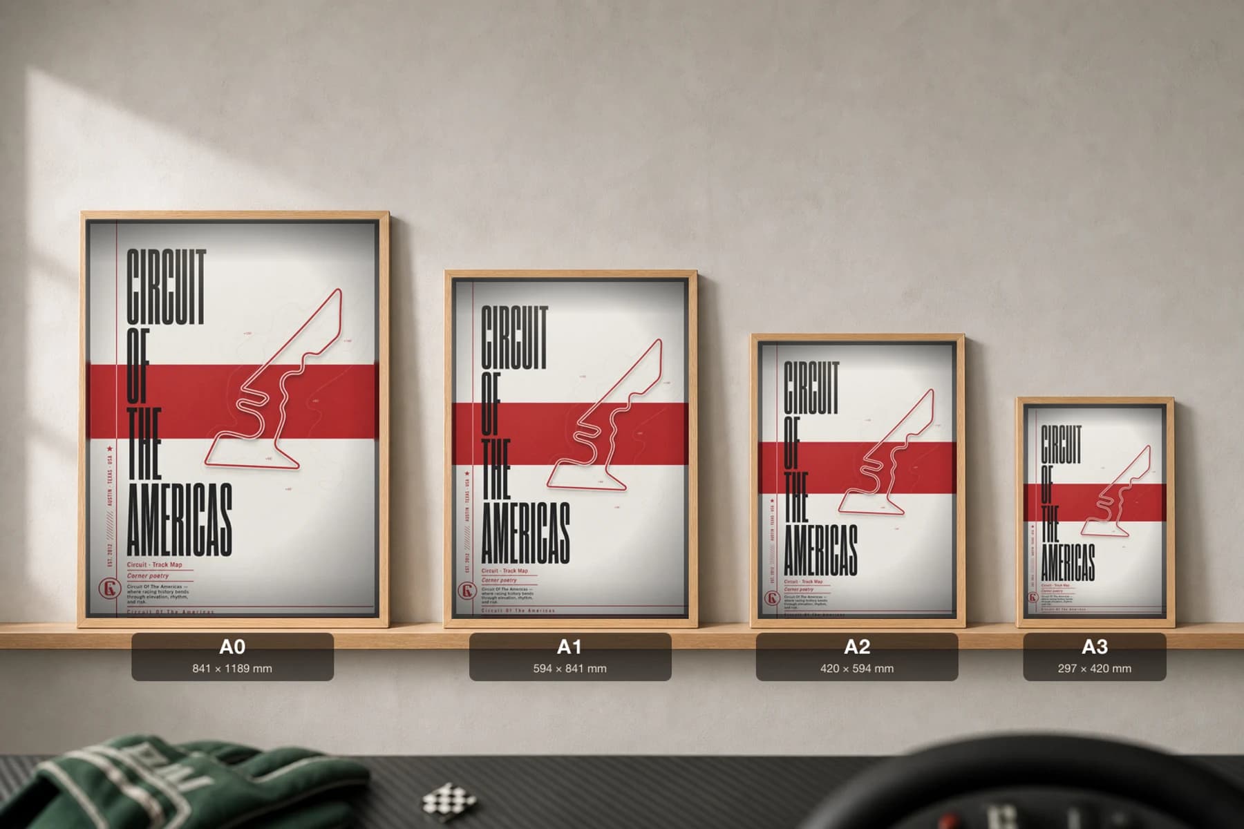 Circuit of the Americas Poster — United States circuit map wall art · Formula 1 United States Grand Prix track layout · framed A2 — print size guide showing the artwork at A0, A1, A2 and A3 in natural-oak frames at true relative scale