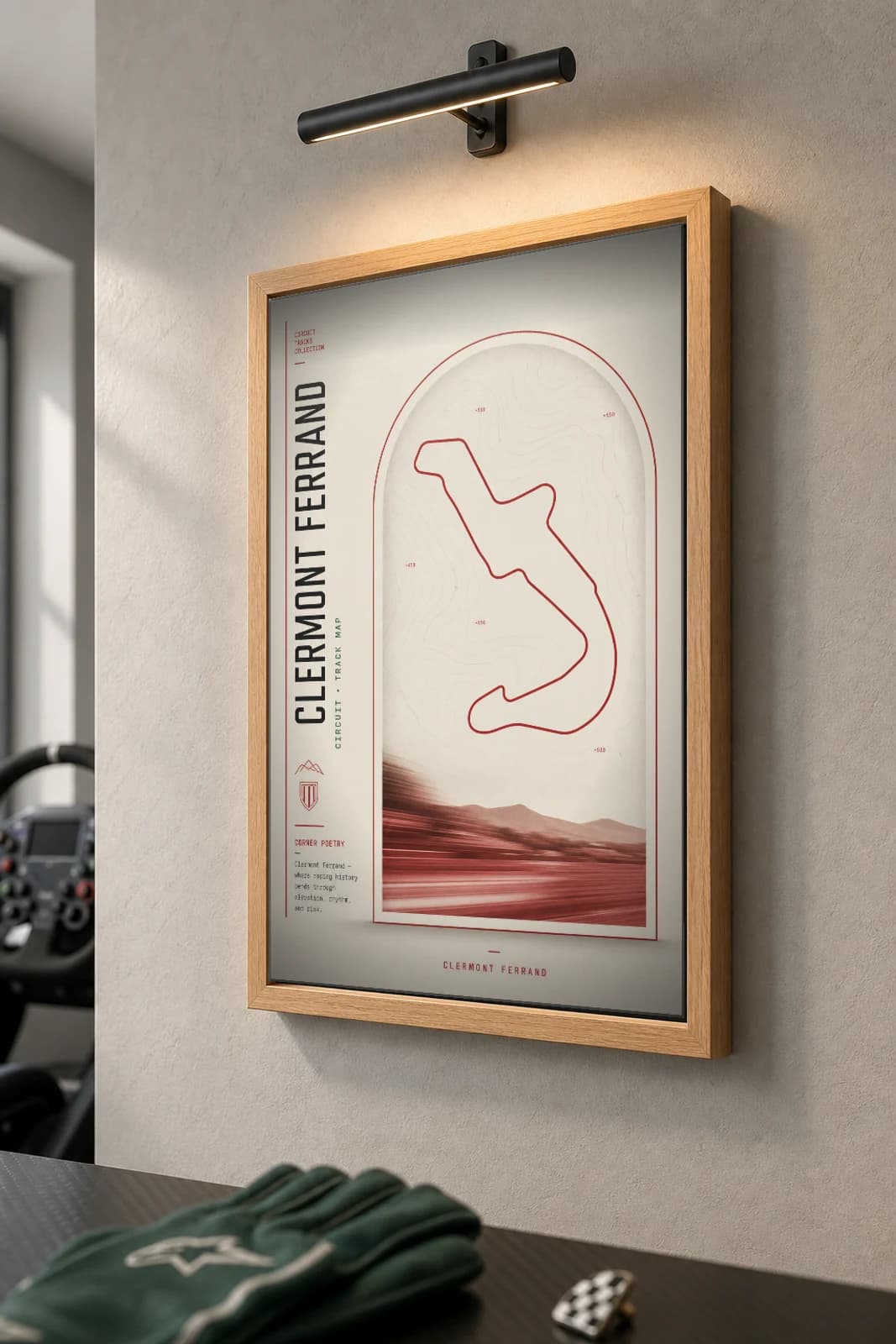 Circuit de Charade (Clermont-Ferrand) Poster — France circuit map wall art · Formula 1 track layout · framed A2 — the framed print shown at a three-quarter angle on a styled gallery wall in a natural-oak frame