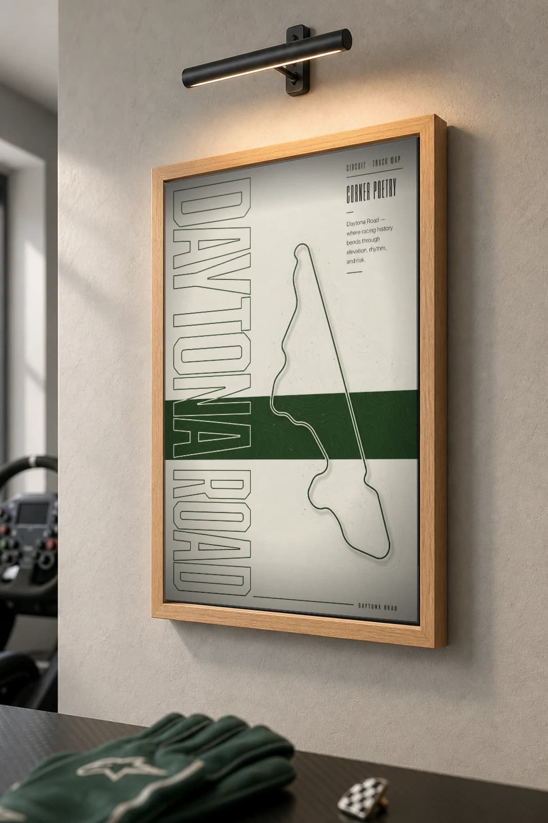 Daytona International Speedway Road Course Poster — United States circuit map wall art · IMSA WeatherTech SportsCar Championship track layout · framed A2 — the framed print shown at a three-quarter angle on a styled gallery wall in a natural-oak frame