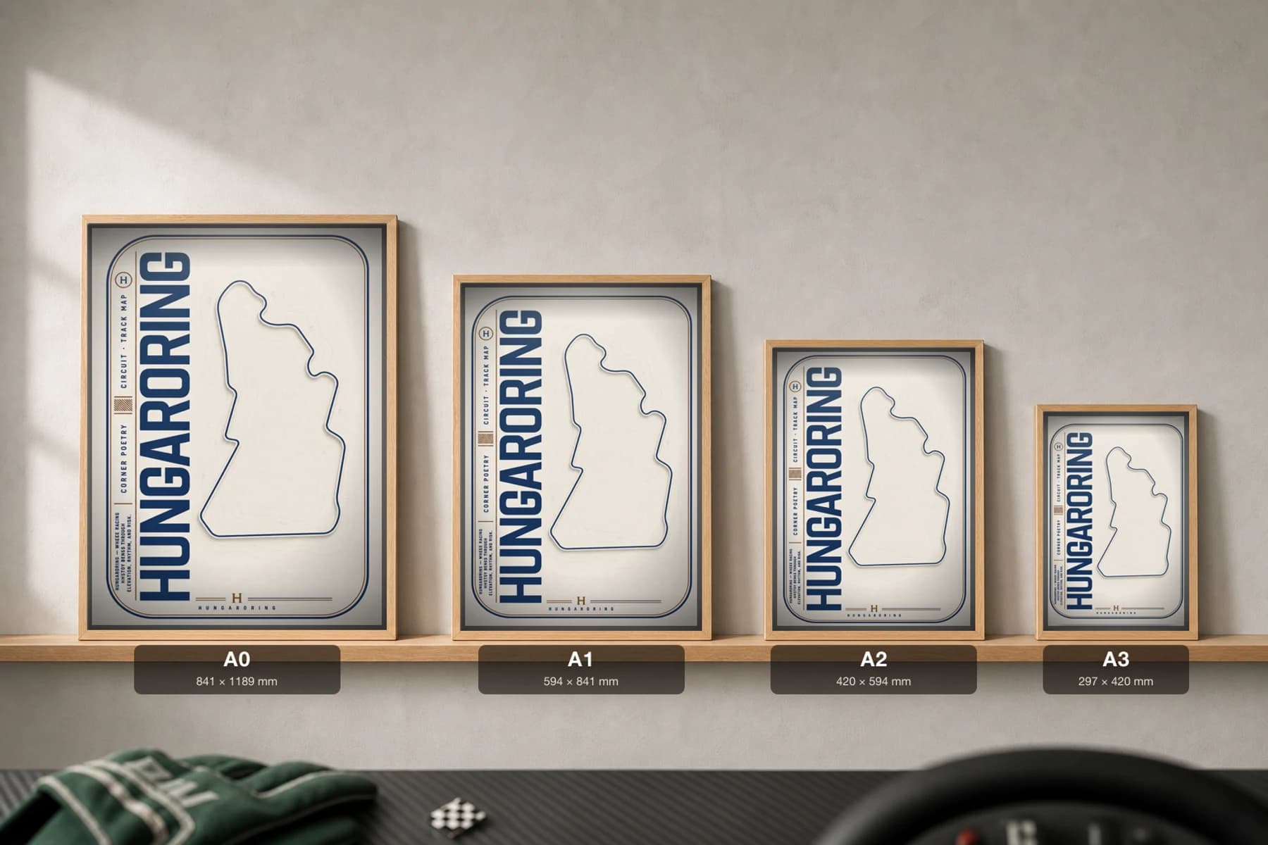 Hungaroring Poster — Hungary circuit map wall art · Formula 1 track layout · framed A2 — print size guide showing the artwork at A0, A1, A2 and A3 in natural-oak frames at true relative scale