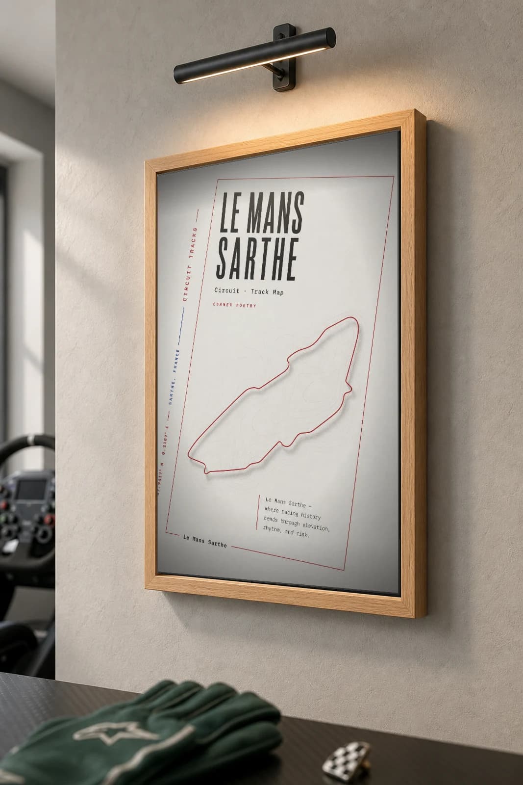 Circuit de la Sarthe Poster — France circuit map wall art · 24 Hours of Le Mans track layout · framed A2 — the framed print shown at a three-quarter angle on a styled gallery wall in a natural-oak frame