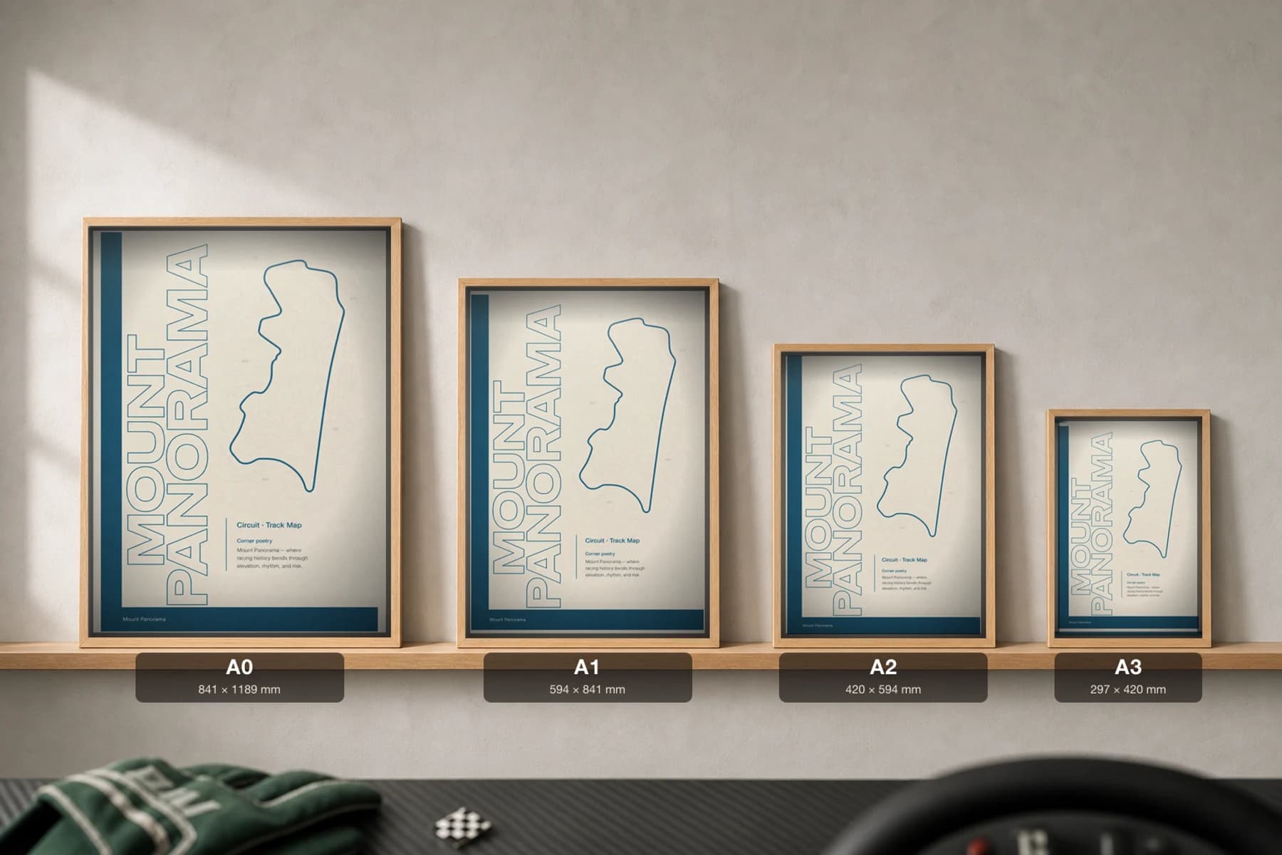 Mount Panorama Circuit Poster — Australia circuit map wall art · Supercars track layout · framed A2 — print size guide showing the artwork at A0, A1, A2 and A3 in natural-oak frames at true relative scale