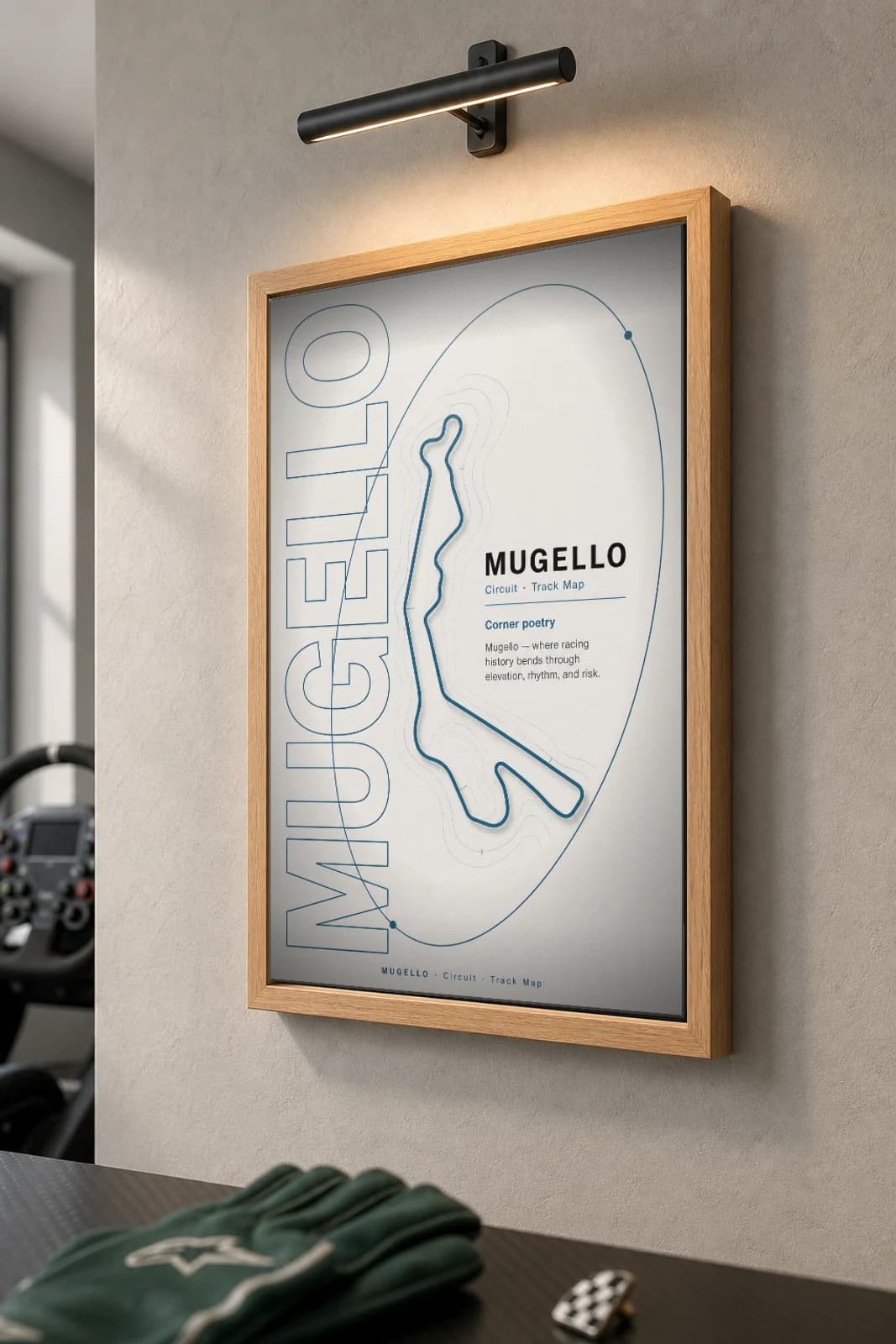 Autodromo Internazionale del Mugello Poster — Italy circuit map wall art · MotoGP Italian Grand Prix track layout · framed A2 — the framed print shown at a three-quarter angle on a styled gallery wall in a natural-oak frame