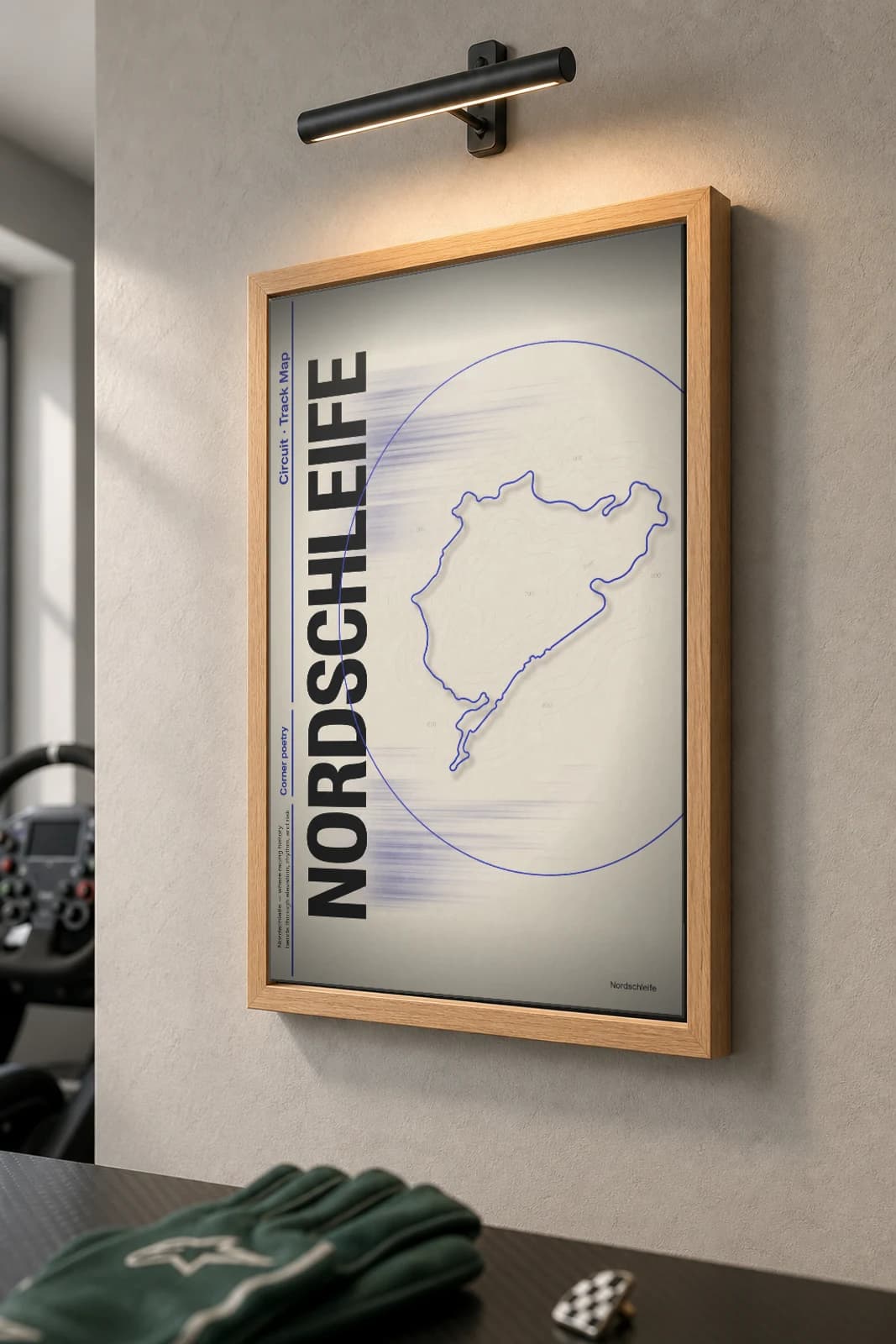 Nürburgring Nordschleife Poster — Germany circuit map wall art · Touristenfahrten track layout · framed A2 — the framed print shown at a three-quarter angle on a styled gallery wall in a natural-oak frame