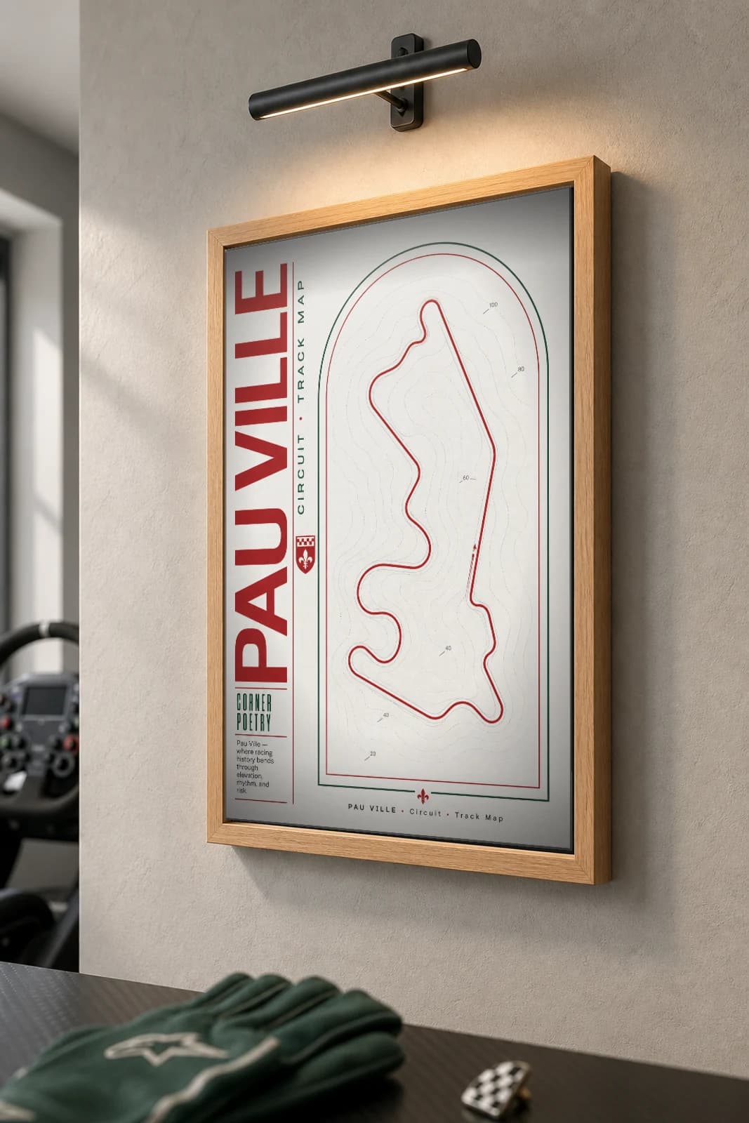 Circuit de Pau-Ville Poster — France circuit map wall art · Grand Prix de Pau track layout · framed A2 — the framed print shown at a three-quarter angle on a styled gallery wall in a natural-oak frame