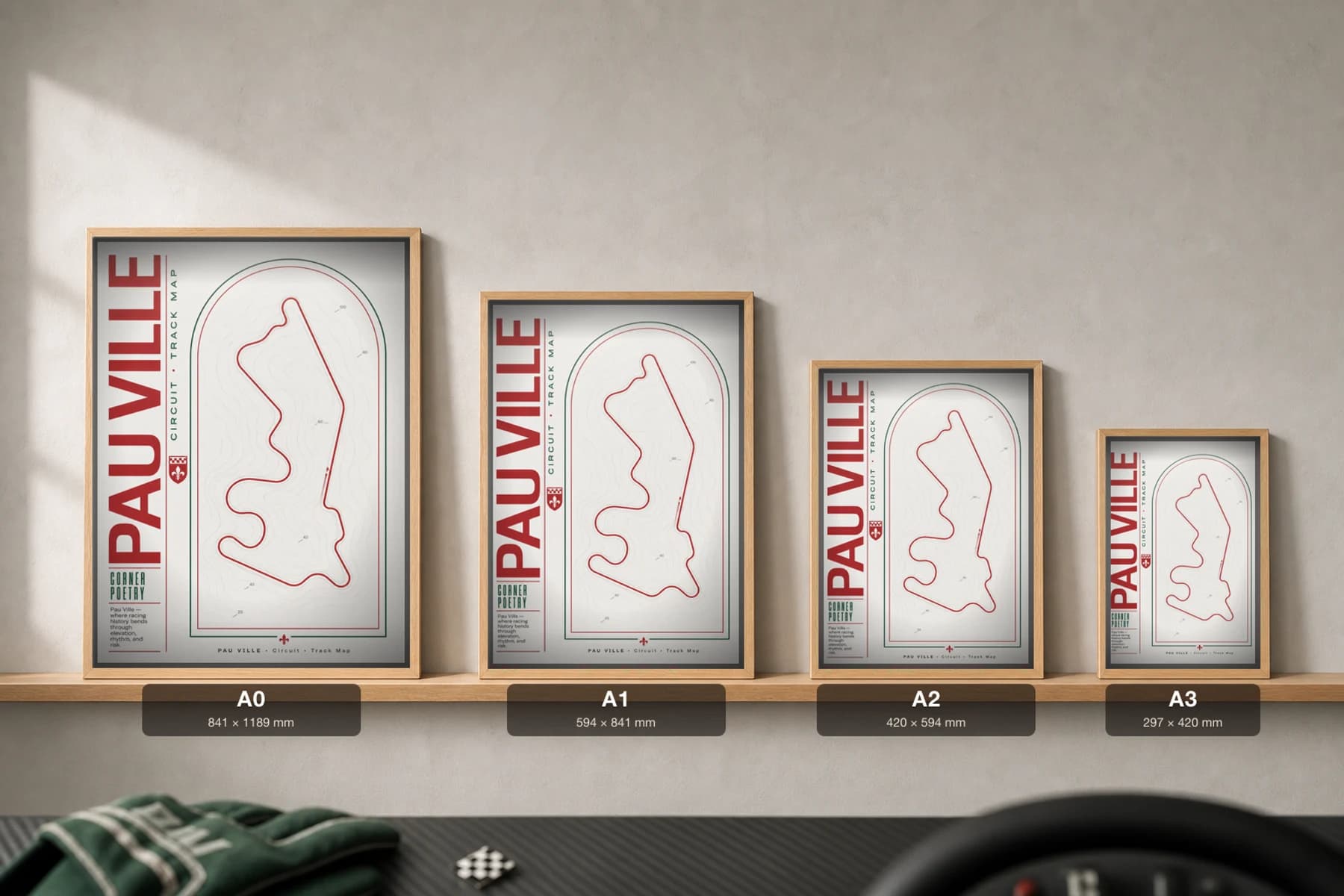 Circuit de Pau-Ville Poster — France circuit map wall art · Grand Prix de Pau track layout · framed A2 — print size guide showing the artwork at A0, A1, A2 and A3 in natural-oak frames at true relative scale