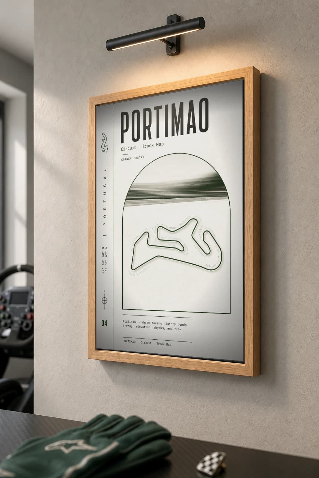 Autódromo Internacional do Algarve Poster — Portugal circuit map wall art · Formula 1 World Championship track layout · framed A2 — the framed print shown at a three-quarter angle on a styled gallery wall in a natural-oak frame