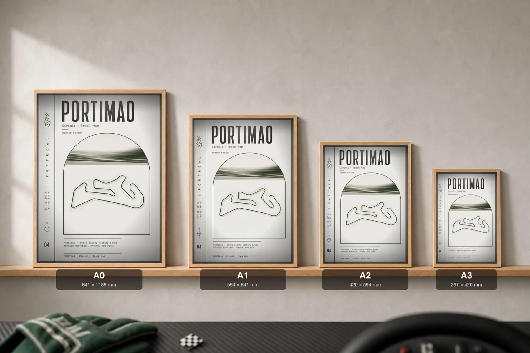 Autódromo Internacional do Algarve Poster — Portugal circuit map wall art · Formula 1 World Championship track layout · framed A2 — print size guide showing the artwork at A0, A1, A2 and A3 in natural-oak frames at true relative scale