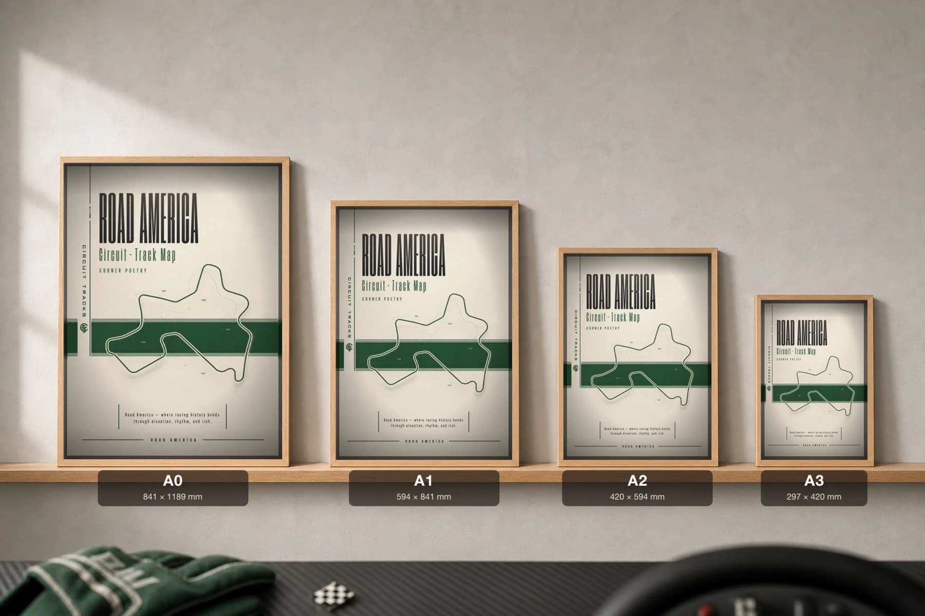 Road America Poster — United States circuit map wall art · IMSA WeatherTech SportsCar Championship track layout · framed A2 — print size guide showing the artwork at A0, A1, A2 and A3 in natural-oak frames at true relative scale
