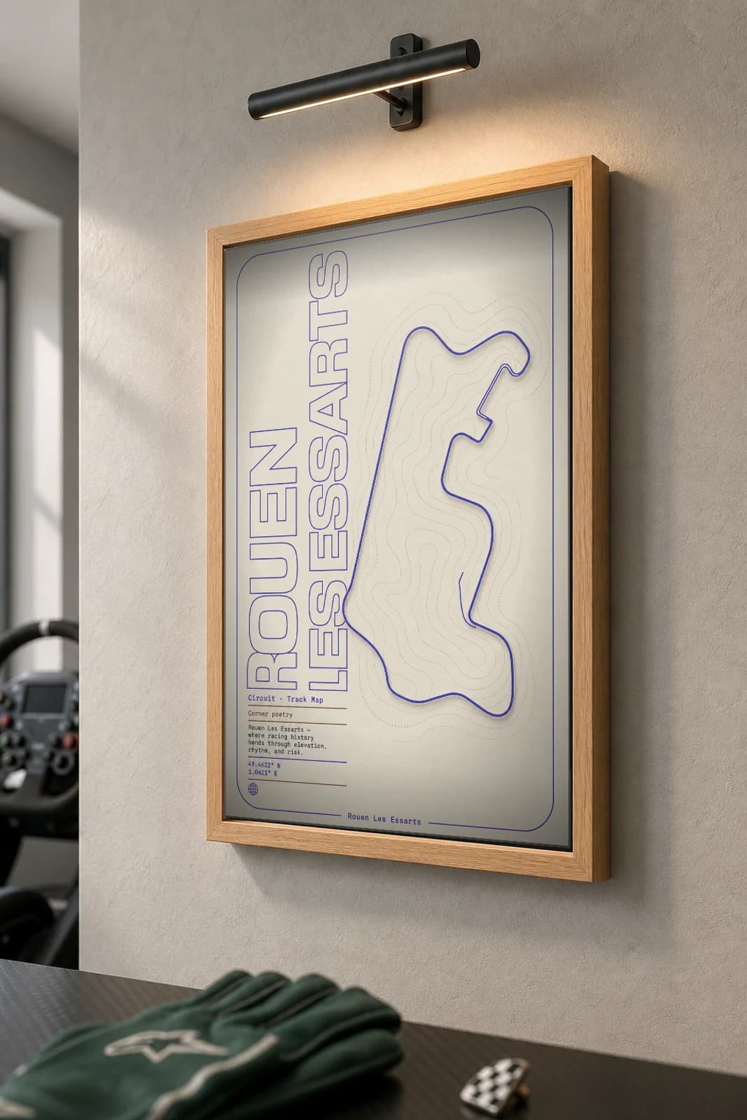 Circuit Rouen-Les-Essarts Poster — France circuit map wall art · Formula 1 track layout · framed A2 — the framed print shown at a three-quarter angle on a styled gallery wall in a natural-oak frame