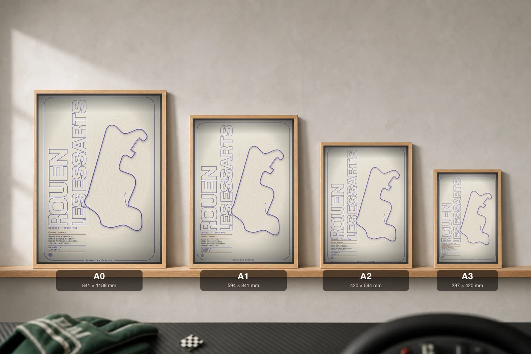 Circuit Rouen-Les-Essarts Poster — France circuit map wall art · Formula 1 track layout · framed A2 — print size guide showing the artwork at A0, A1, A2 and A3 in natural-oak frames at true relative scale