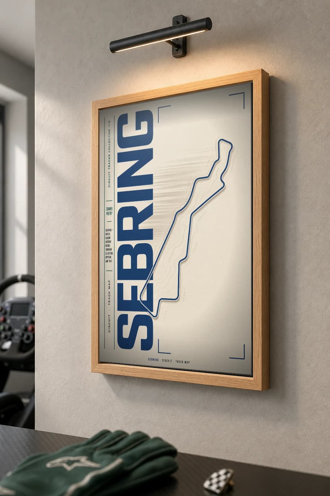 Sebring International Raceway Poster — United States circuit map wall art · IMSA WeatherTech SportsCar Championship track layout · framed A2 — the framed print shown at a three-quarter angle on a styled gallery wall in a natural-oak frame