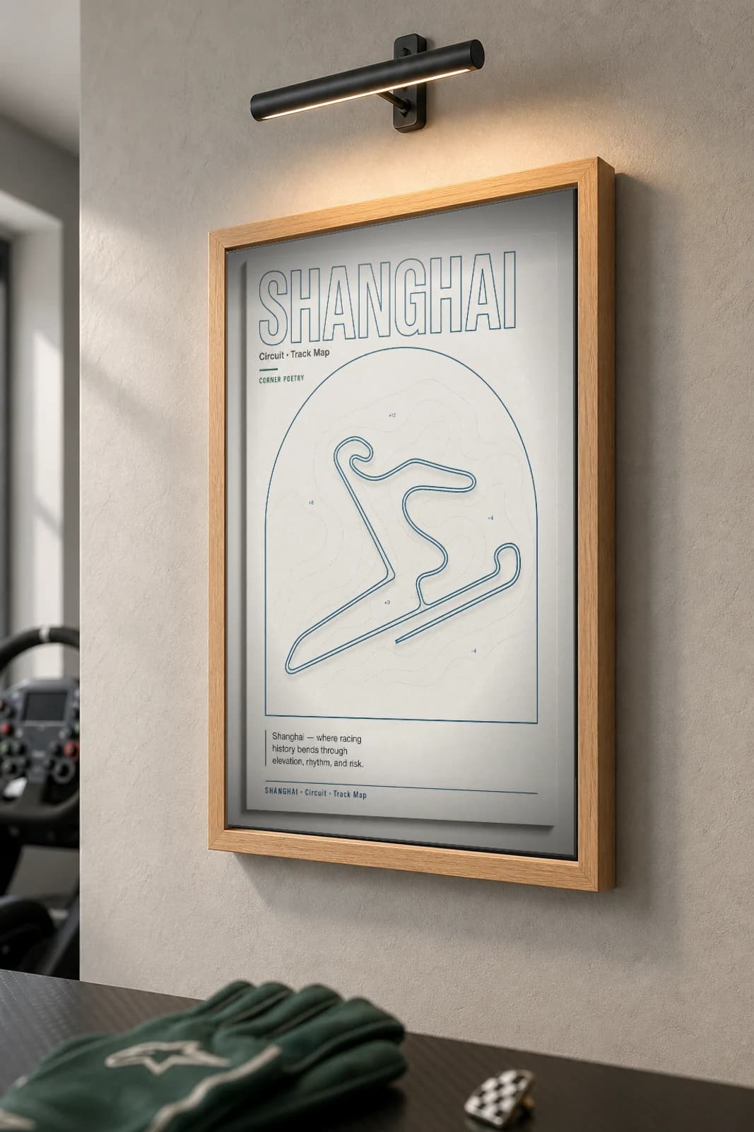 Shanghai International Circuit Poster — China circuit map wall art · Formula 1 World Championship — Chinese Grand Prix track layout · framed A2 — the framed print shown at a three-quarter angle on a styled gallery wall in a natural-oak frame