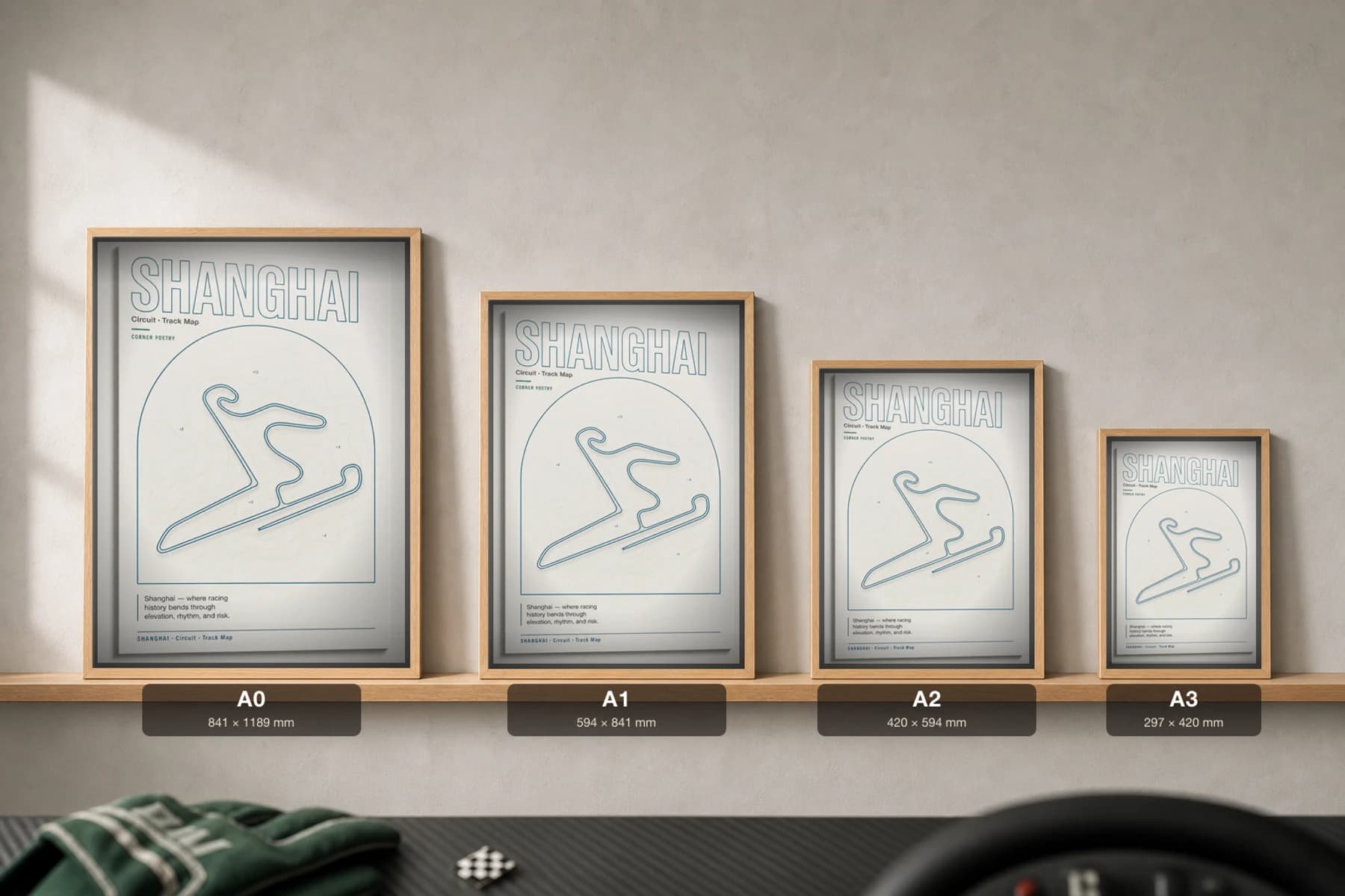 Shanghai International Circuit Poster — China circuit map wall art · Formula 1 World Championship — Chinese Grand Prix track layout · framed A2 — print size guide showing the artwork at A0, A1, A2 and A3 in natural-oak frames at true relative scale