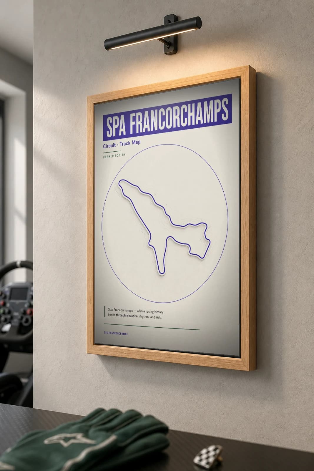 Circuit de Spa-Francorchamps Poster — Belgium circuit map wall art · Formula One track layout · framed A2 — the framed print shown at a three-quarter angle on a styled gallery wall in a natural-oak frame