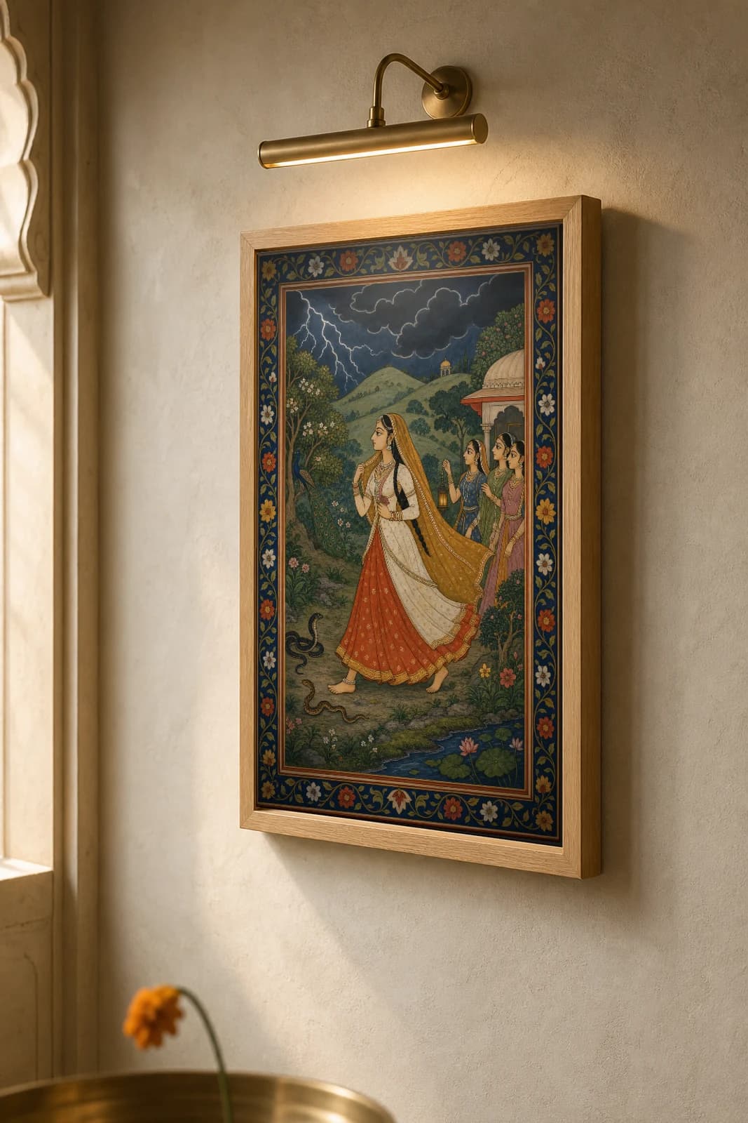 Abhisarika Nayika Rajput Miniature Print — Kangra Pahari night-journey heroine walking through storm and serpents · collector edition A2 — the framed print shown at a three-quarter angle on a styled gallery wall in a natural-oak frame