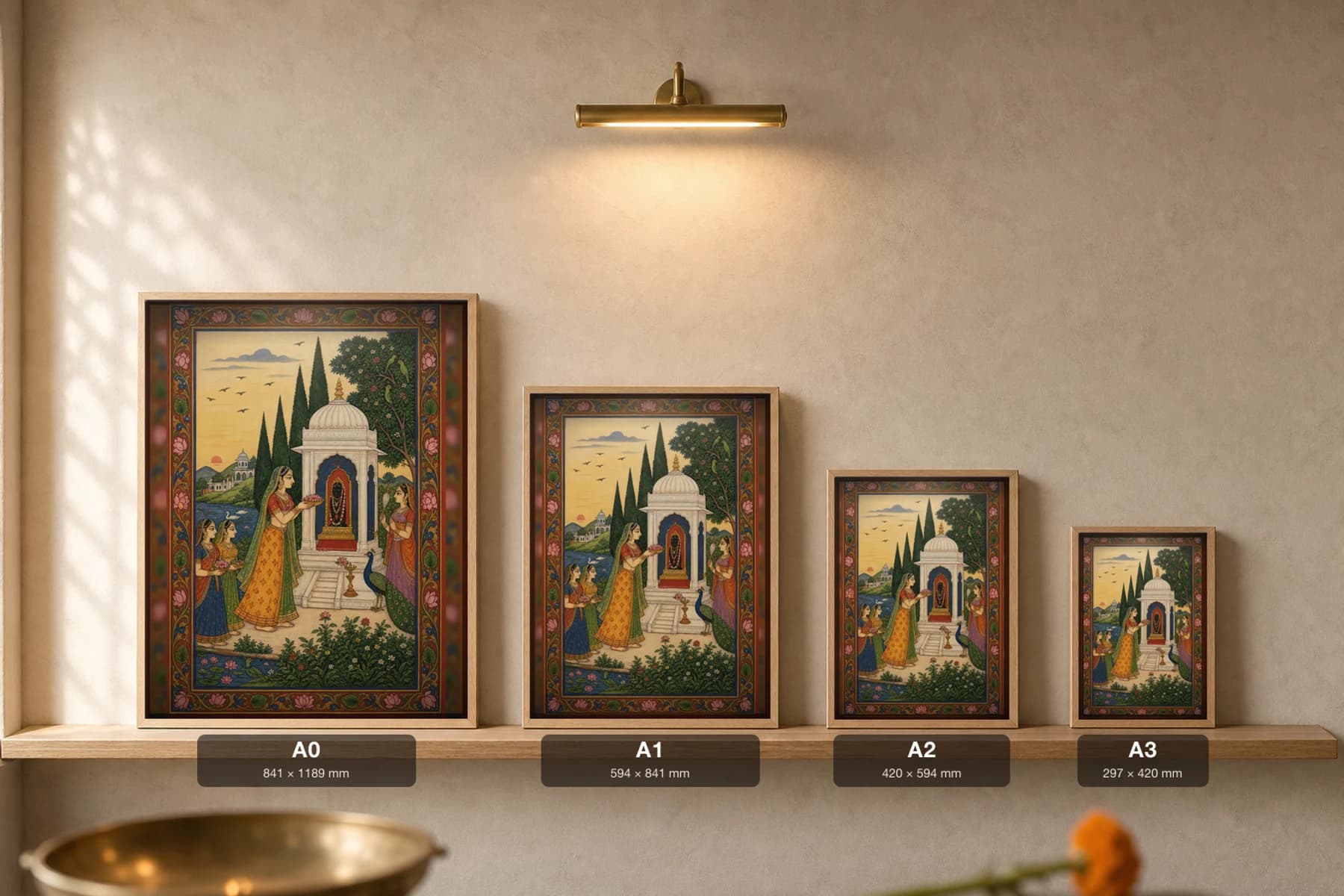 Bhairavi Ragini Rajput Miniature Print — Bundi dawn raga, a lady offering flowers at a shrine at first light · collector edition A2 — print size guide showing the artwork at A0, A1, A2 and A3 in natural-oak frames at true relative scale