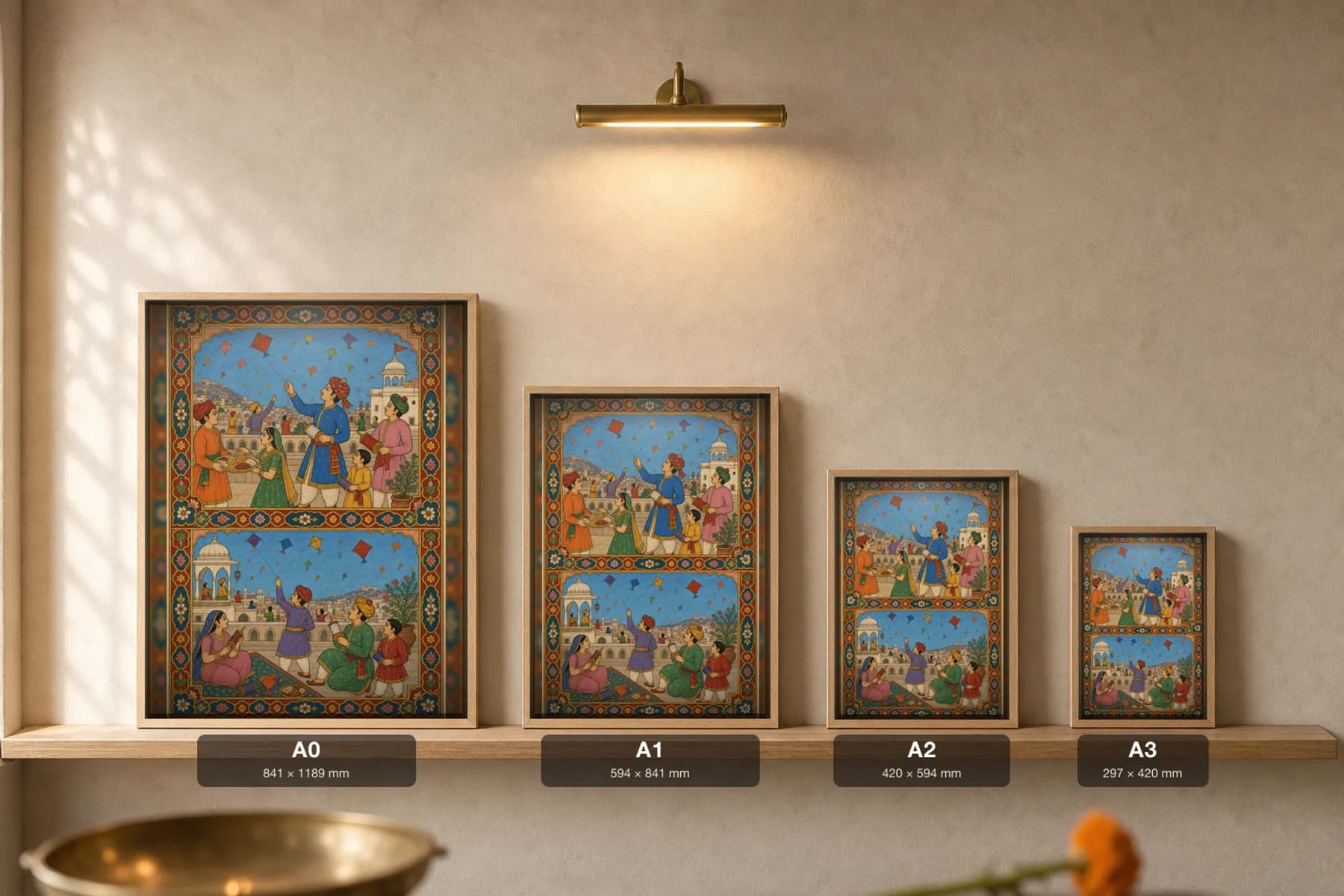 Patang Parv — Makar Sankranti Kite Festival Rajput Miniature Art Print · collector edition A2 · families flying kites from city rooftops in a sky full of patang, Amber–Jaipur grammar — print size guide showing the artwork at A0, A1, A2 and A3 in natural-oak frames at true relative scale
