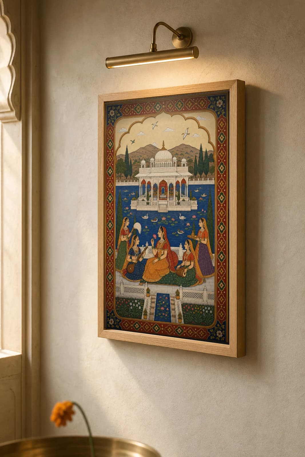 Jal Mahal — Mewar Lake-Palace Pavilion Rajput Miniature Art Print · collector edition A2 · white marble jharokha pavilion on a lapis Udaipur lake — the framed print shown at a three-quarter angle on a styled gallery wall in a natural-oak frame