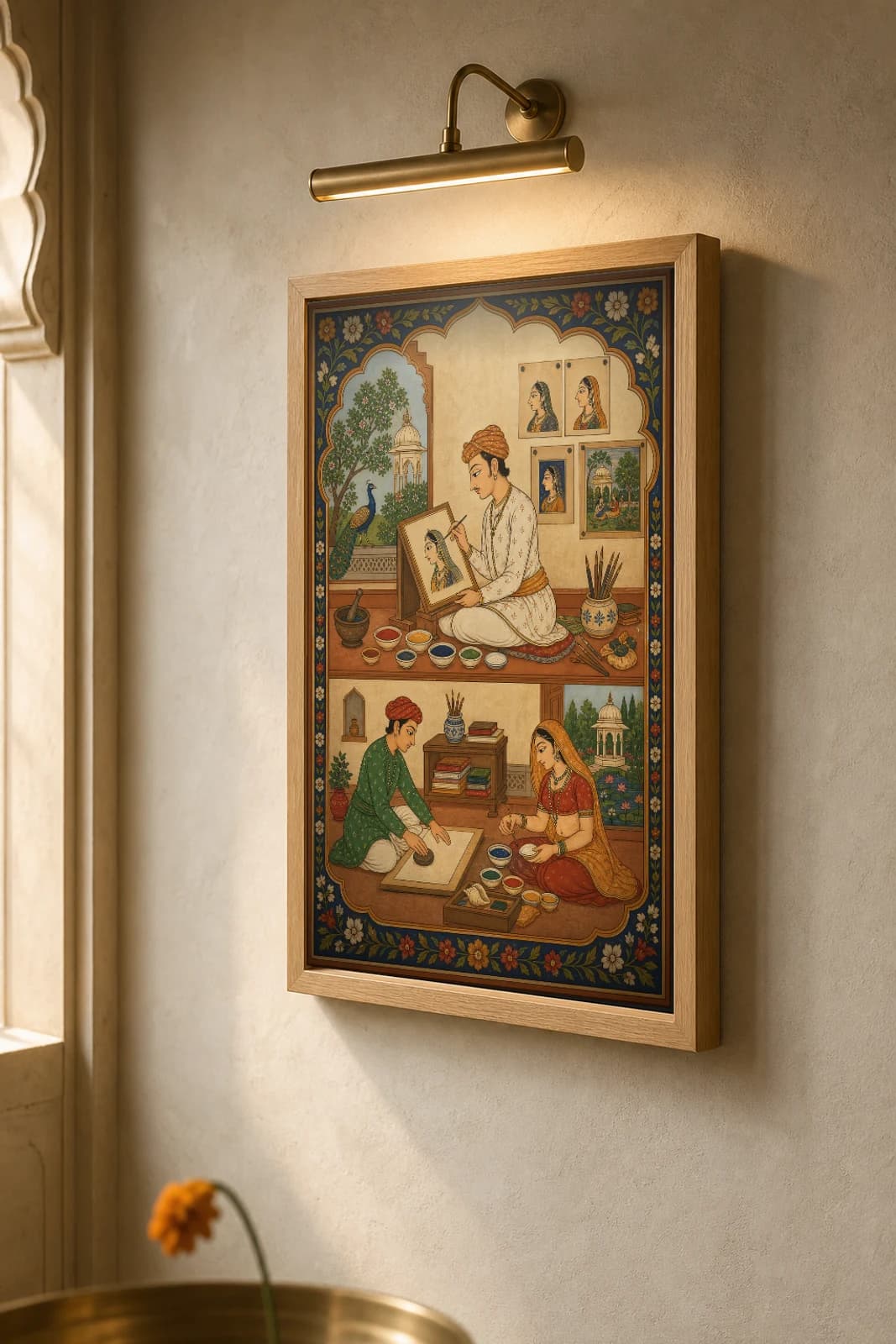 Chitera Khana — The Miniature Painter's Atelier Rajput Miniature Art Print · collector edition A2 · a Kishangarh master at work in the living atelier today — the framed print shown at a three-quarter angle on a styled gallery wall in a natural-oak frame