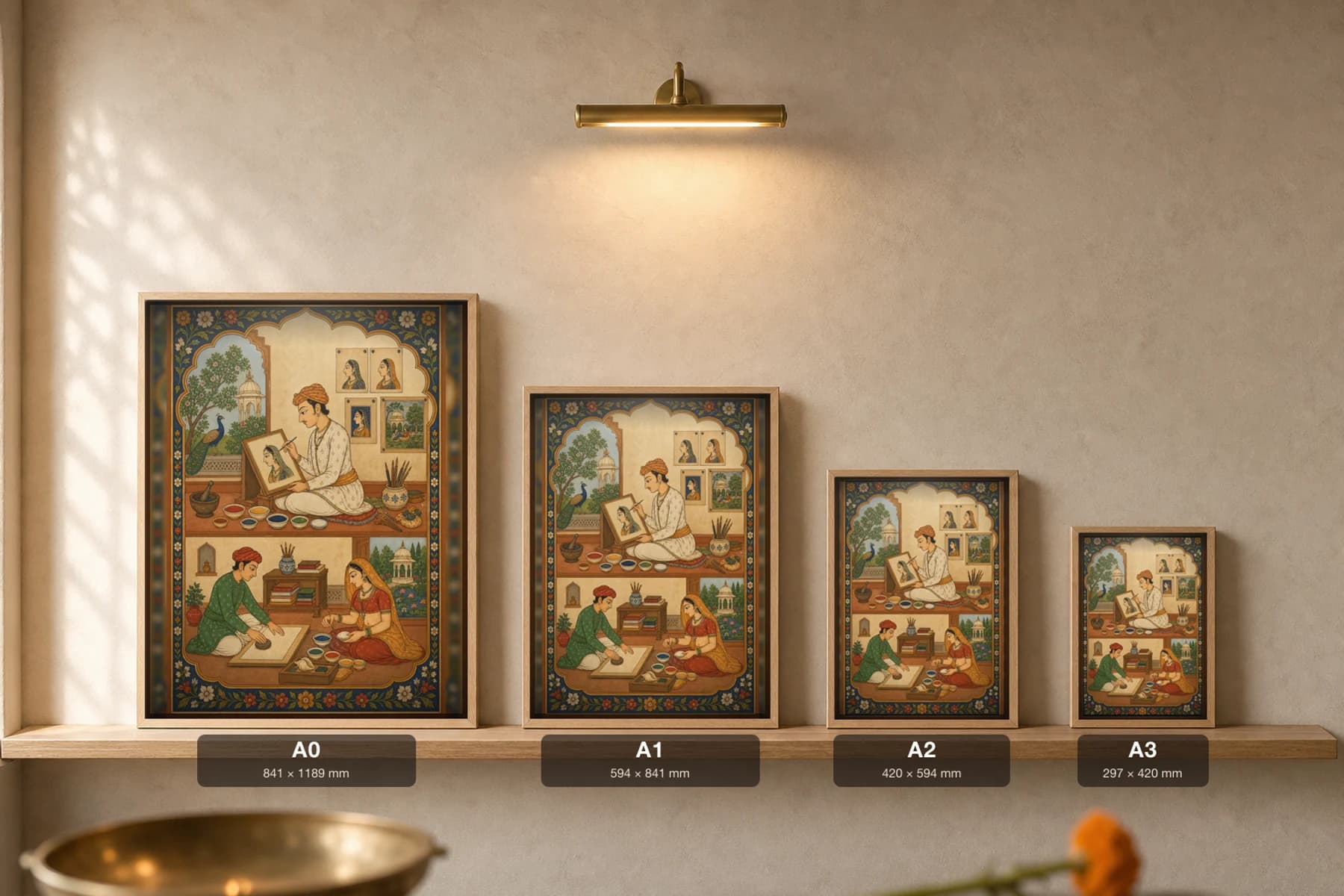 Chitera Khana — The Miniature Painter's Atelier Rajput Miniature Art Print · collector edition A2 · a Kishangarh master at work in the living atelier today — print size guide showing the artwork at A0, A1, A2 and A3 in natural-oak frames at true relative scale