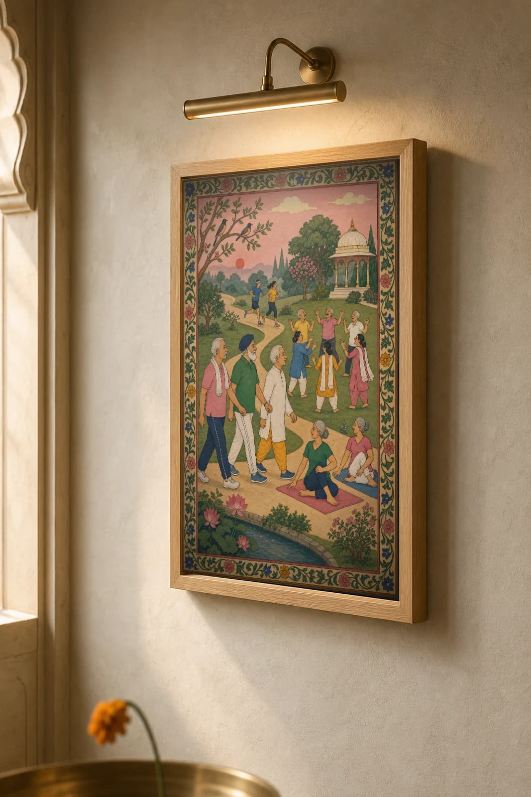 Prabhat Bhraman — Morning Walk in the Park Rajput Miniature Art Print · collector edition A2 · dawn walkers, joggers and a laughter club in soft Pahari naturalism — the framed print shown at a three-quarter angle on a styled gallery wall in a natural-oak frame