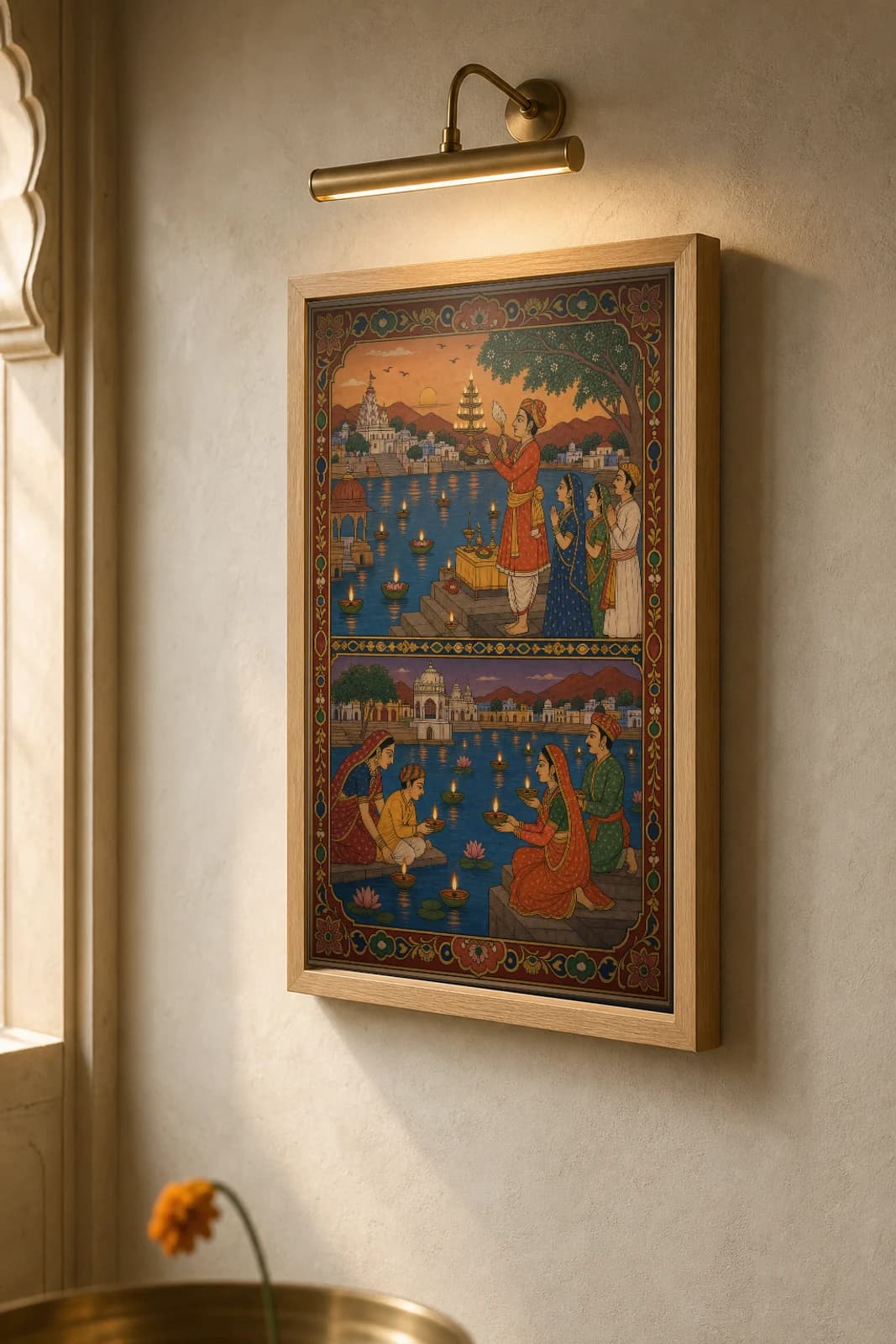Ghat Aarti — Evening Lamp Worship on the Lake Ghat Rajput Miniature Art Print · collector edition A2 · a priest waving the tiered aarti lamp as devotees float diyas at dusk — the framed print shown at a three-quarter angle on a styled gallery wall in a natural-oak frame