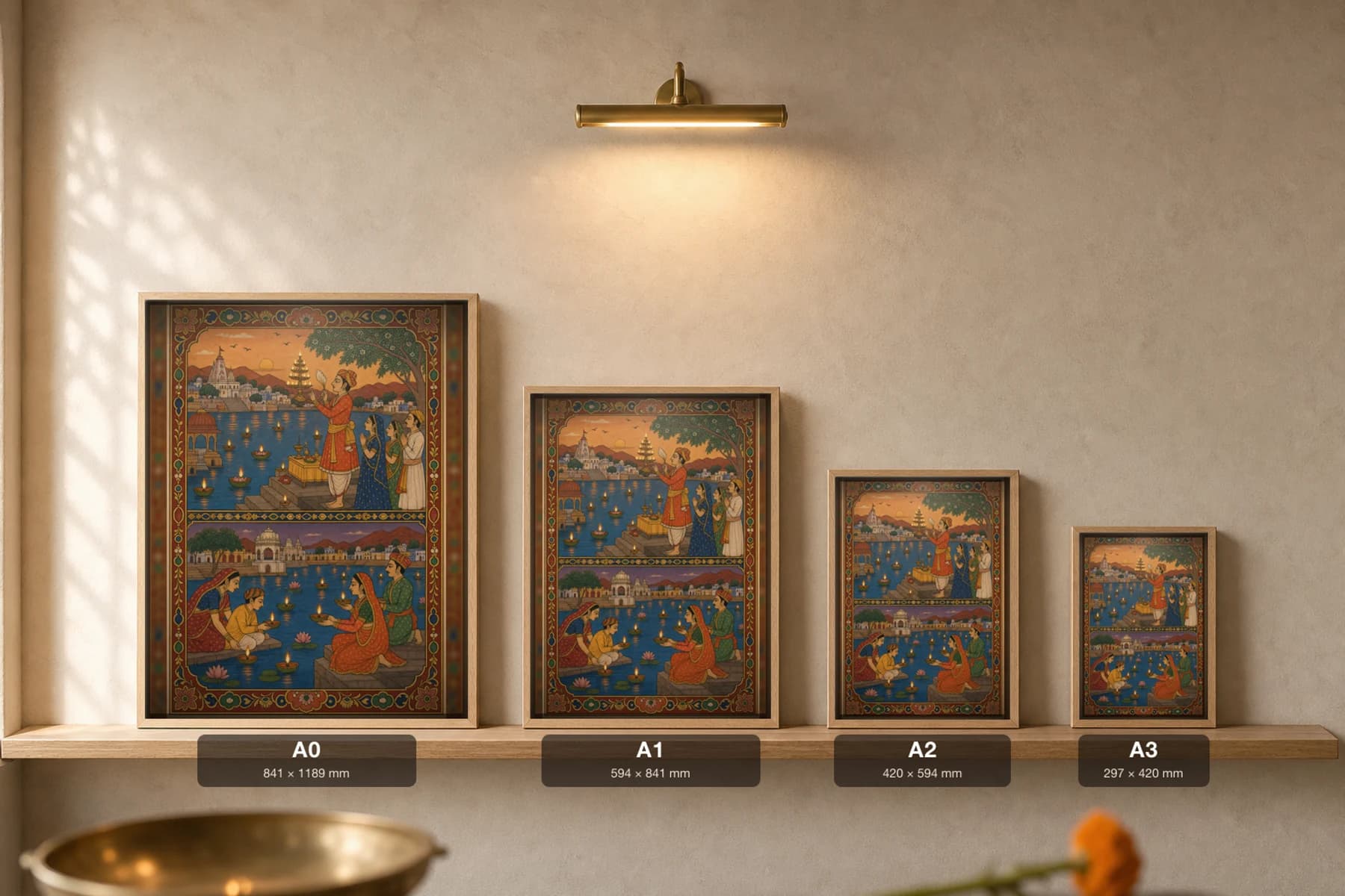 Ghat Aarti — Evening Lamp Worship on the Lake Ghat Rajput Miniature Art Print · collector edition A2 · a priest waving the tiered aarti lamp as devotees float diyas at dusk — print size guide showing the artwork at A0, A1, A2 and A3 in natural-oak frames at true relative scale