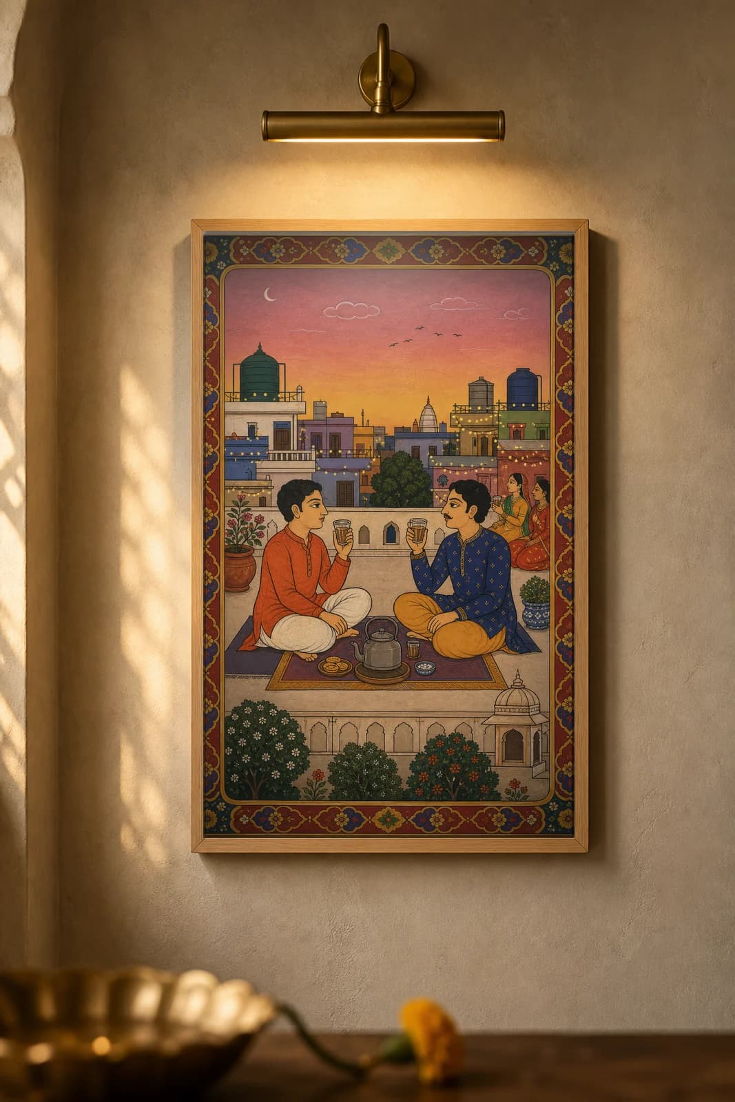 Rooftop Chai — framed museum print, Rajput Miniature