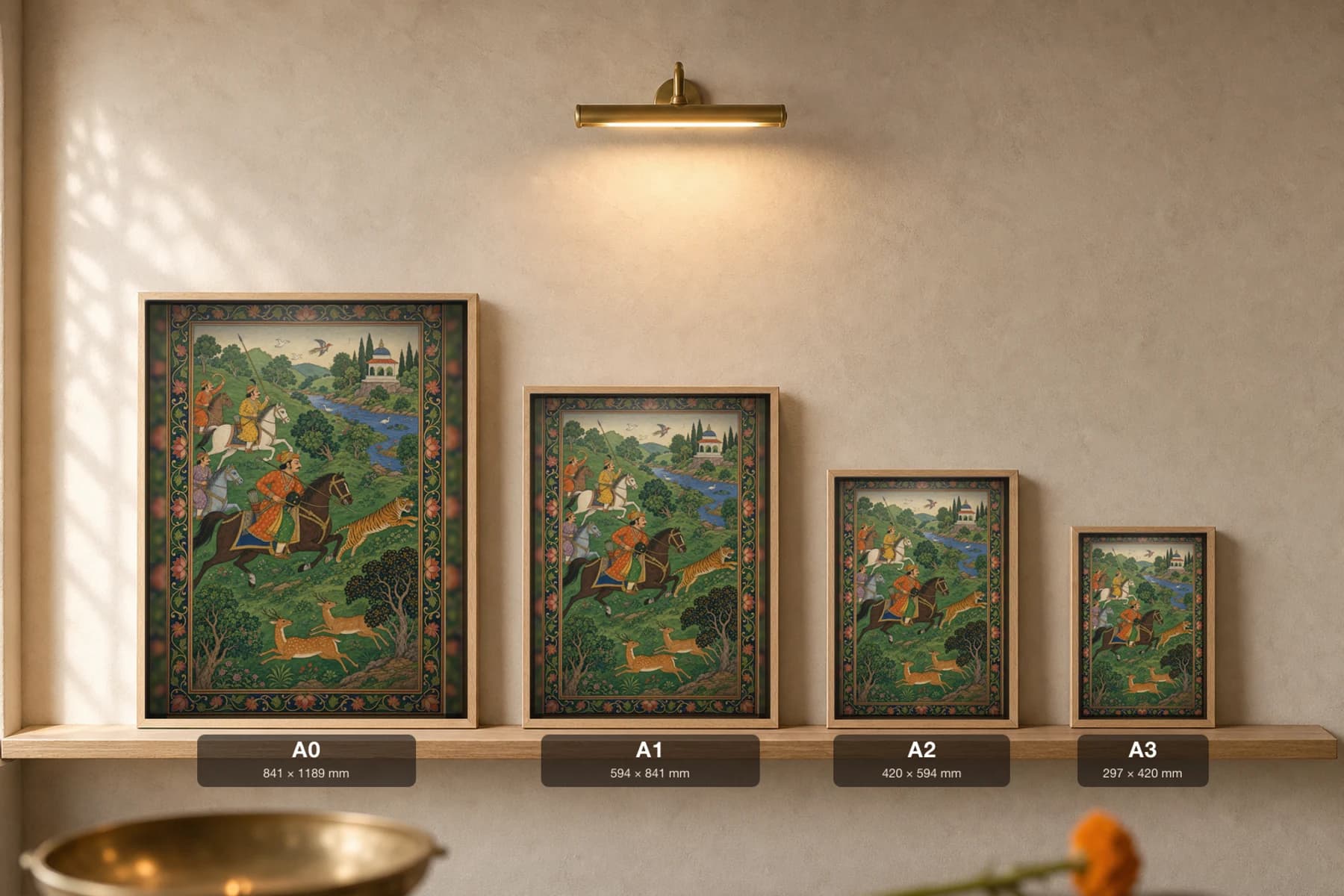Royal Shikar — The Kotah-Bundi Tiger Hunt Rajput Miniature Art Print · collector edition A2 · mounted nobles pursuing a tiger through dense green jungle — print size guide showing the artwork at A0, A1, A2 and A3 in natural-oak frames at true relative scale