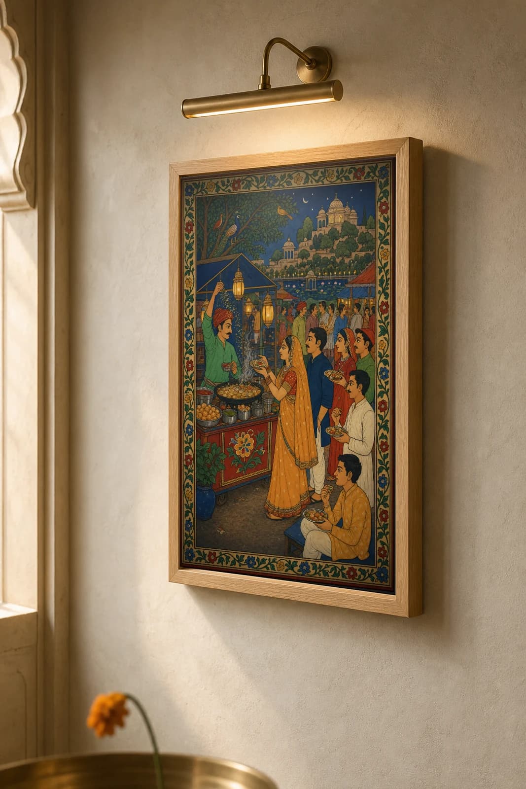 Chaat Bazaar — Evening Street-Food Stall Rajput Miniature Art Print · collector edition A2 · a vendor frying snacks at a lantern-lit thela while customers queue at night, Mewar grammar — the framed print shown at a three-quarter angle on a styled gallery wall in a natural-oak frame