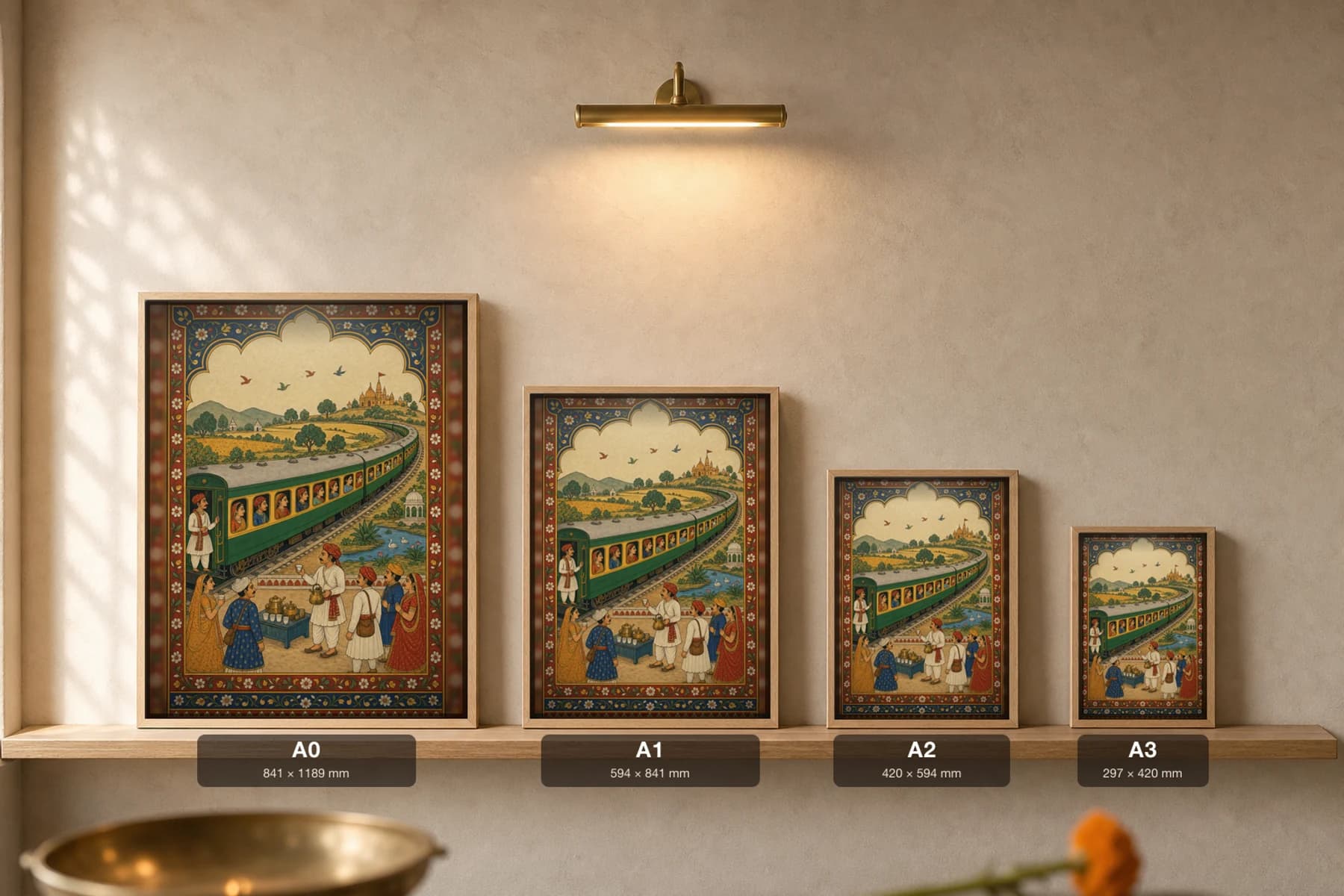 Rail Sawari — Train Journey Through Rajasthan Rajput Miniature Art Print · collector edition A2 · a green train curving past a station with a chai-wallah and waiting passengers, Amber–Jaipur grammar — print size guide showing the artwork at A0, A1, A2 and A3 in natural-oak frames at true relative scale