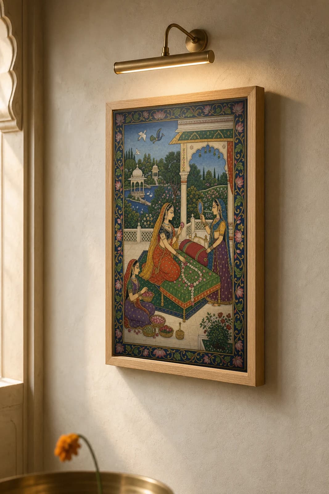 Vasakasajja Nayika Rajput Miniature Print — Bundi nayika-bheda, the heroine adorning her bower with flowers as she awaits her beloved · collector edition A2 — the framed print shown at a three-quarter angle on a styled gallery wall in a natural-oak frame