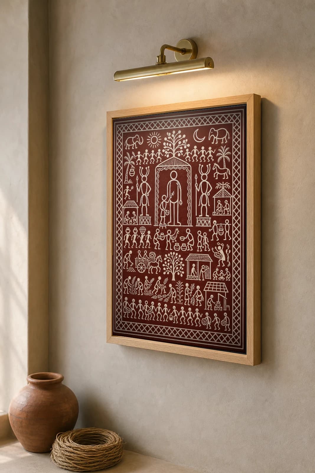 The Anishum Icon Saura Art Print — contemporary × Saura fusion · ancestor anishum panel being painted · white on maroon · framed A2 · Gunupur, Gajapati, southern Odisha · collector edition of 500 — the framed print shown at a three-quarter angle on a styled gallery wall in a natural-oak frame